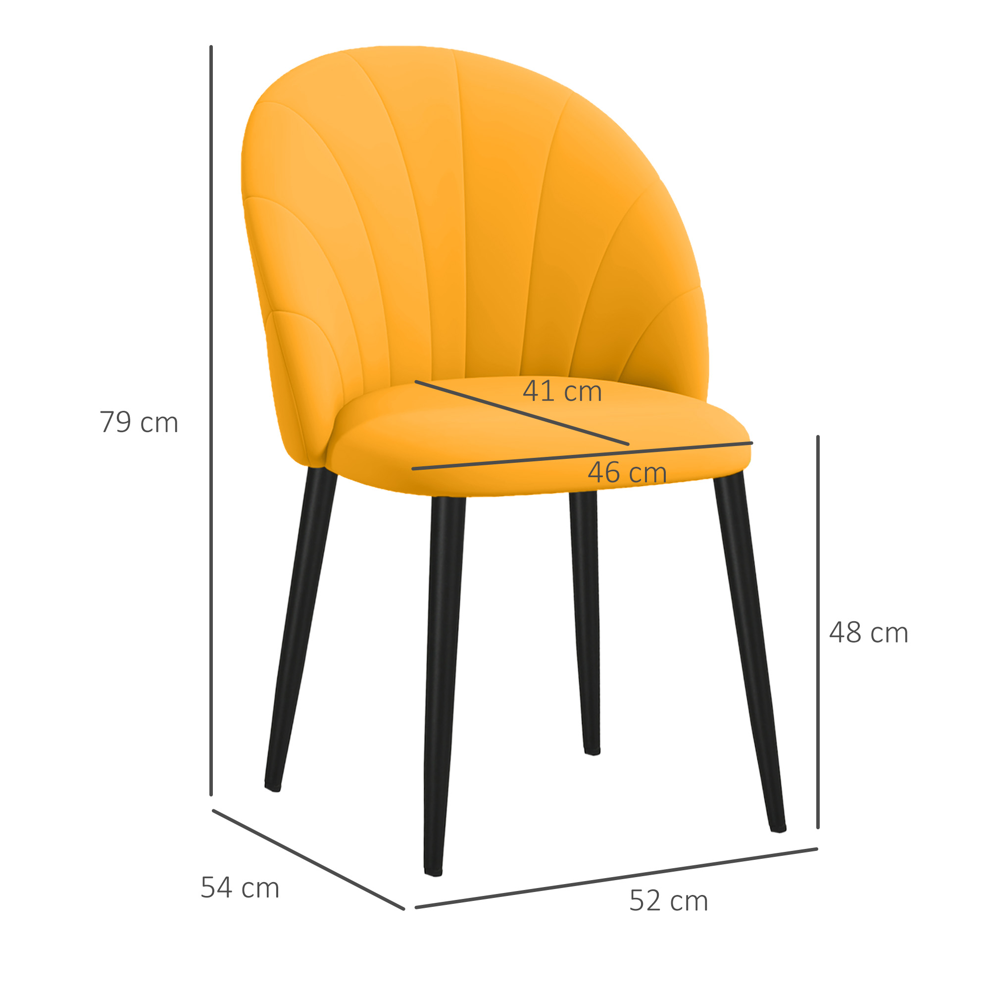 Sedia gialla con gambe nere, dimensioni visualizzate. Lo schienale è curvo.