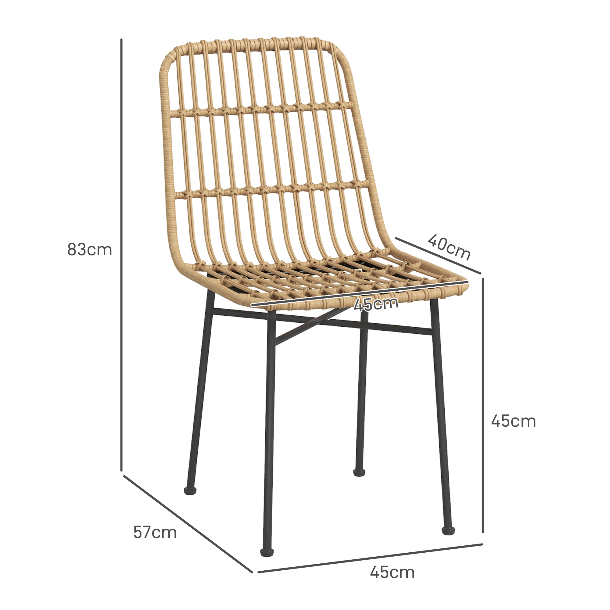 Una sedia con schienale e seduta in rattan intrecciato, gambe nere, dimensioni etichettate.