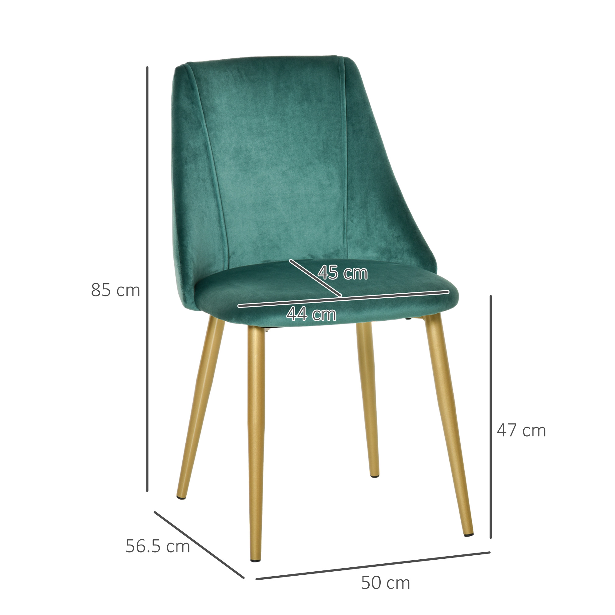 Una sedia verde acqua con gambe dorate, dimensioni in cm: 85x44x47, seduta 45x44, base 50x56,5.