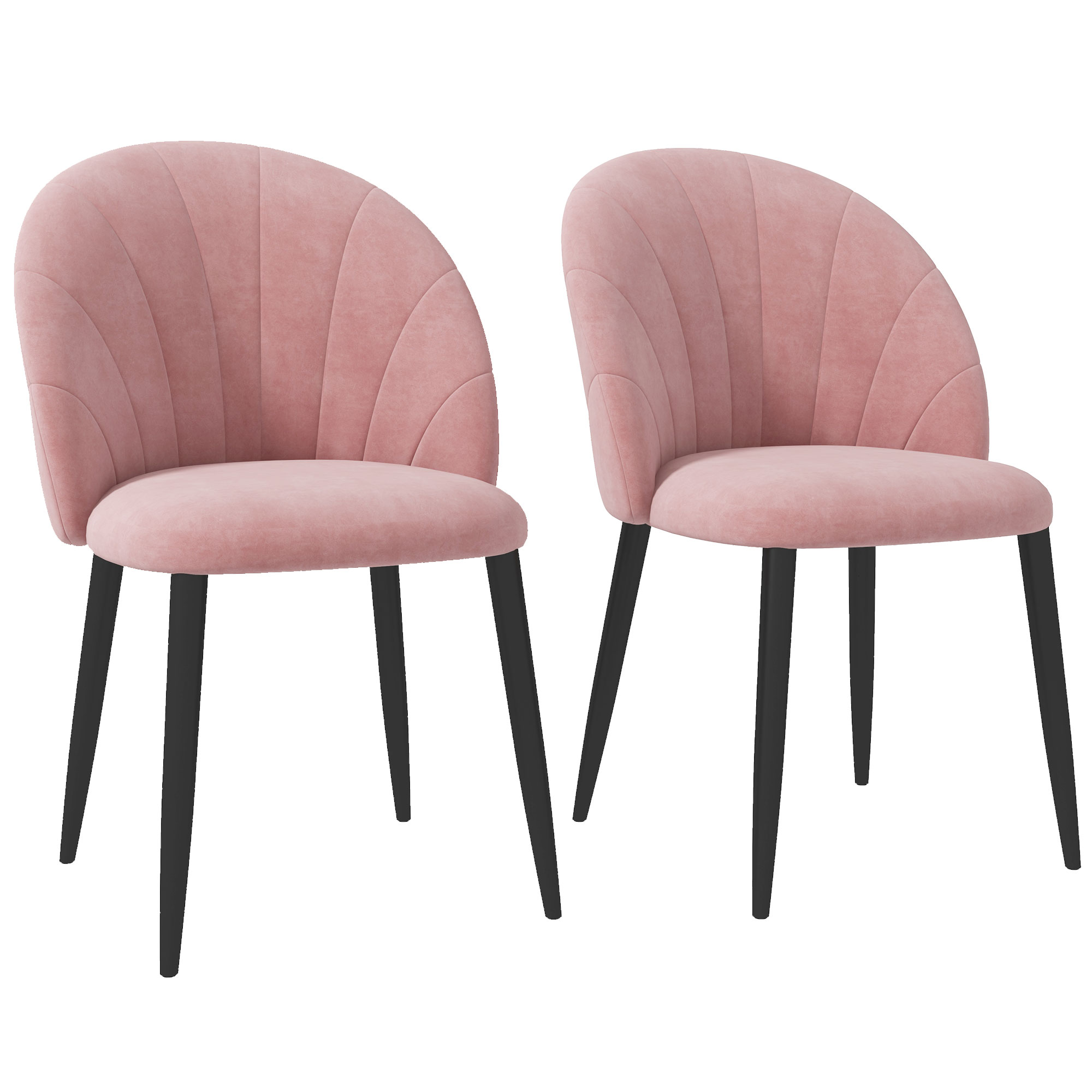 Due sedie rosa con gambe nere. Hanno schienali curvi e un design trapuntato.