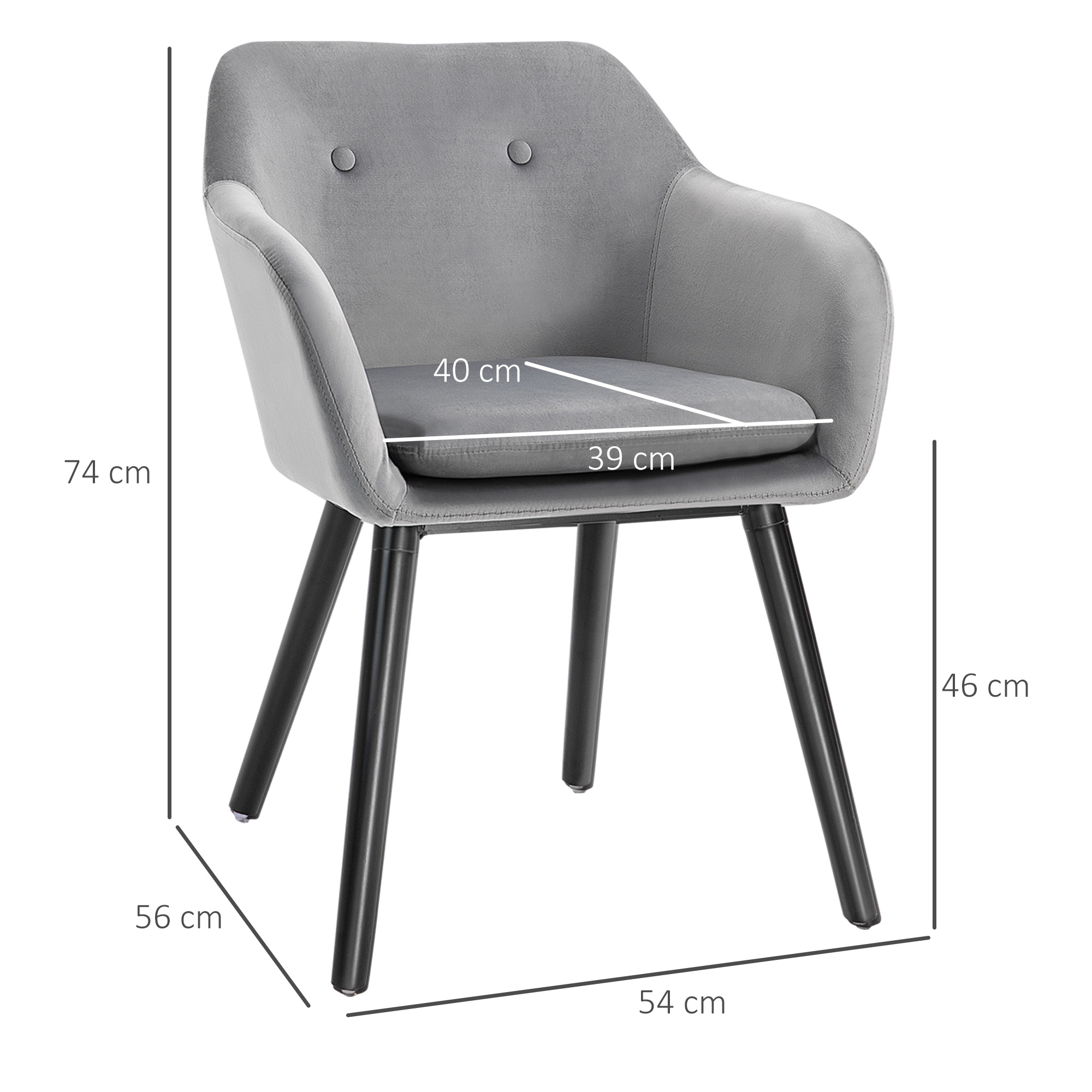 Una poltrona grigia con gambe nere. Vengono visualizzate le misure: larghezza 54 cm, seduta 39 cm, altezza 74 cm.