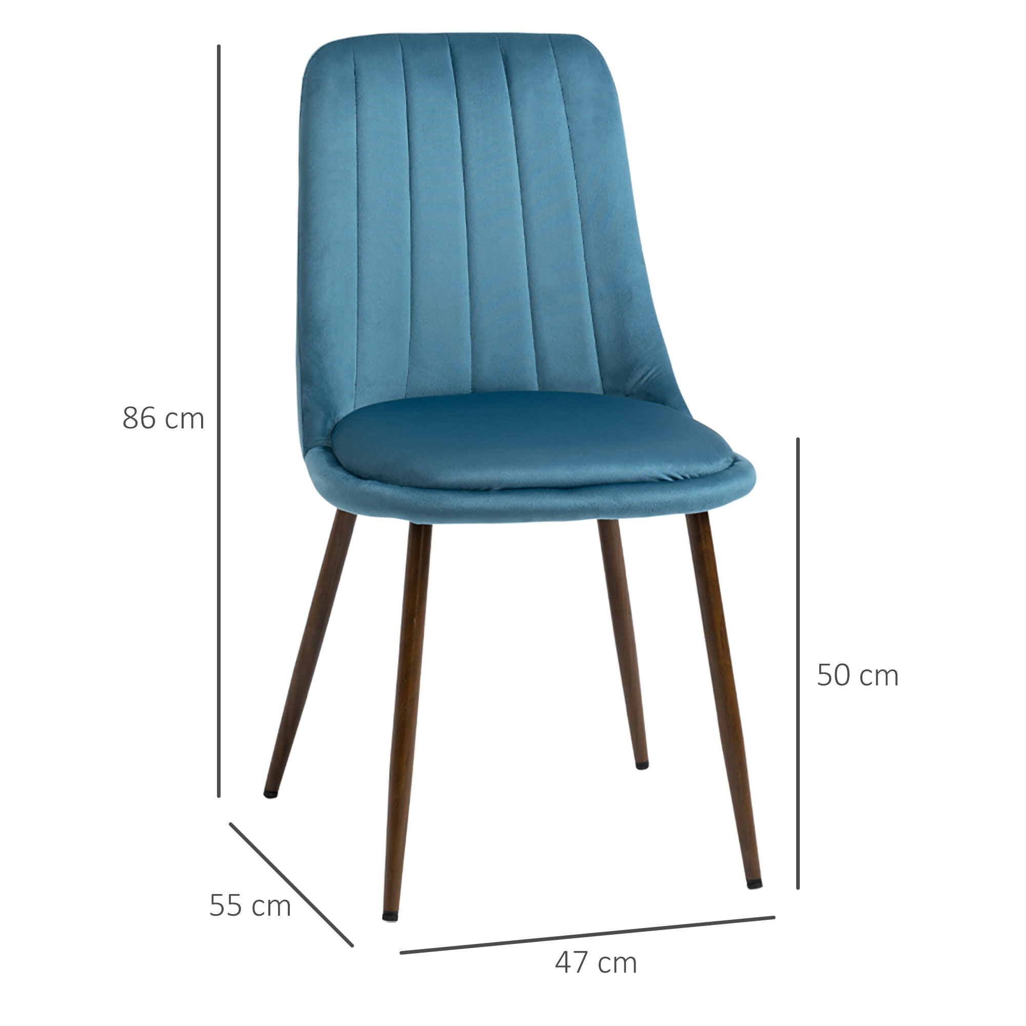 Una sedia blu. Dimensioni 86x55x47 cm. Gambe scure. Linee verticali.