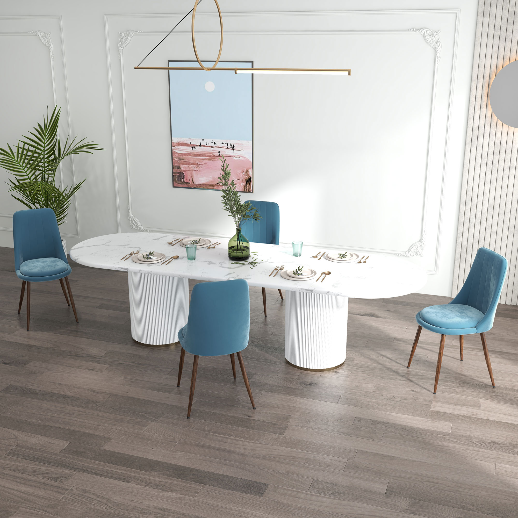 Una sala da pranzo con un tavolo ovale bianco e quattro sedie blu.