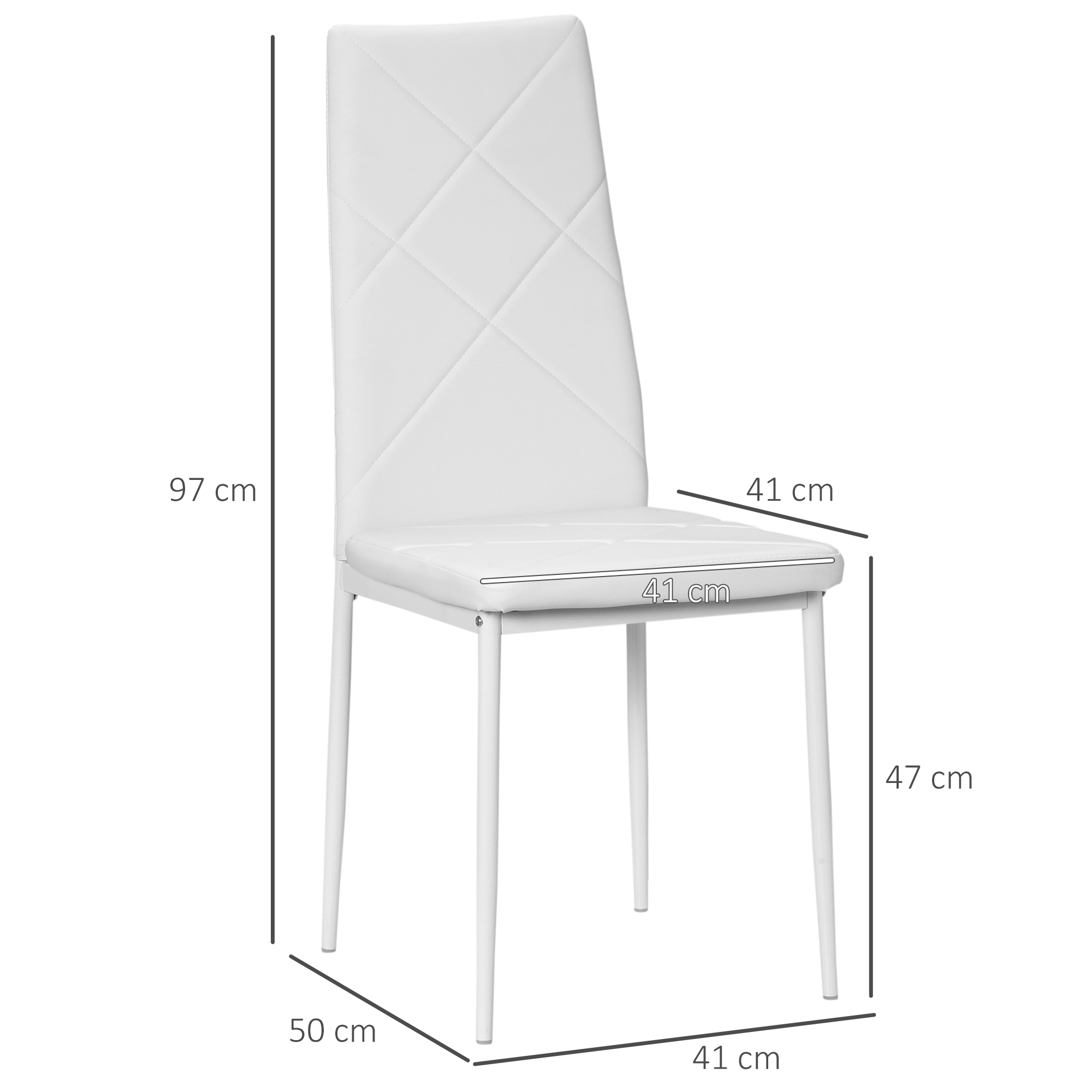 Sedia bianca con dimensioni: 97 cm altezza, 41 cm seduta, 47 cm gamba, 50 cm larghezza.