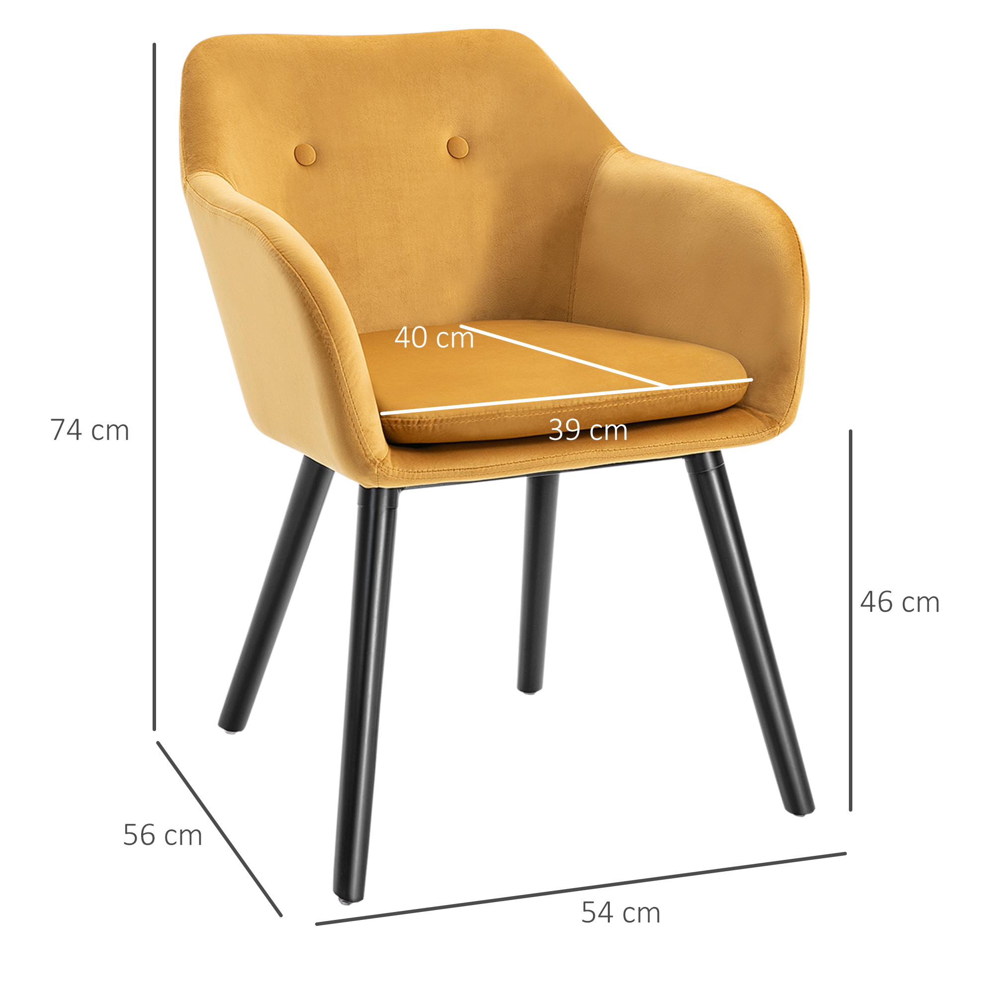 Una sedia gialla con dimensioni etichettate sull'immagine.