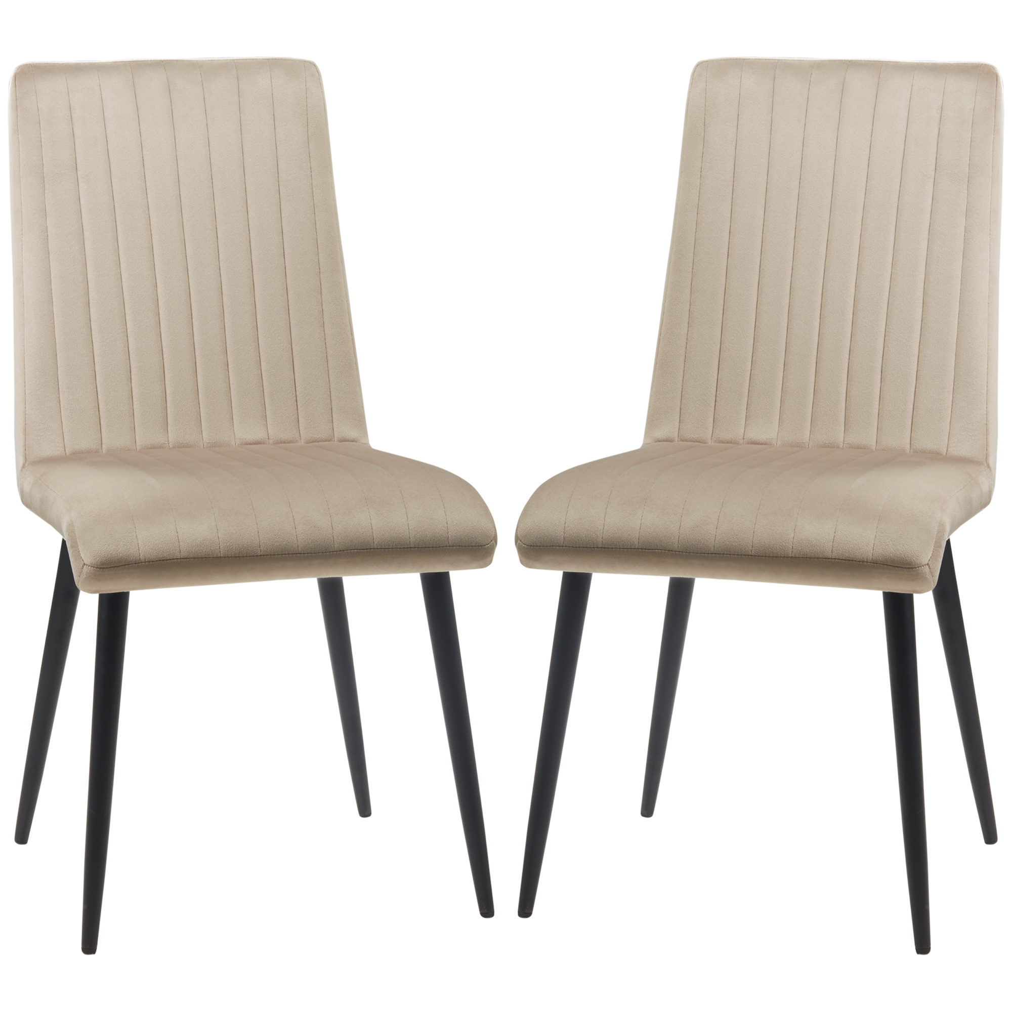 Due sedie beige con gambe nere su sfondo bianco.