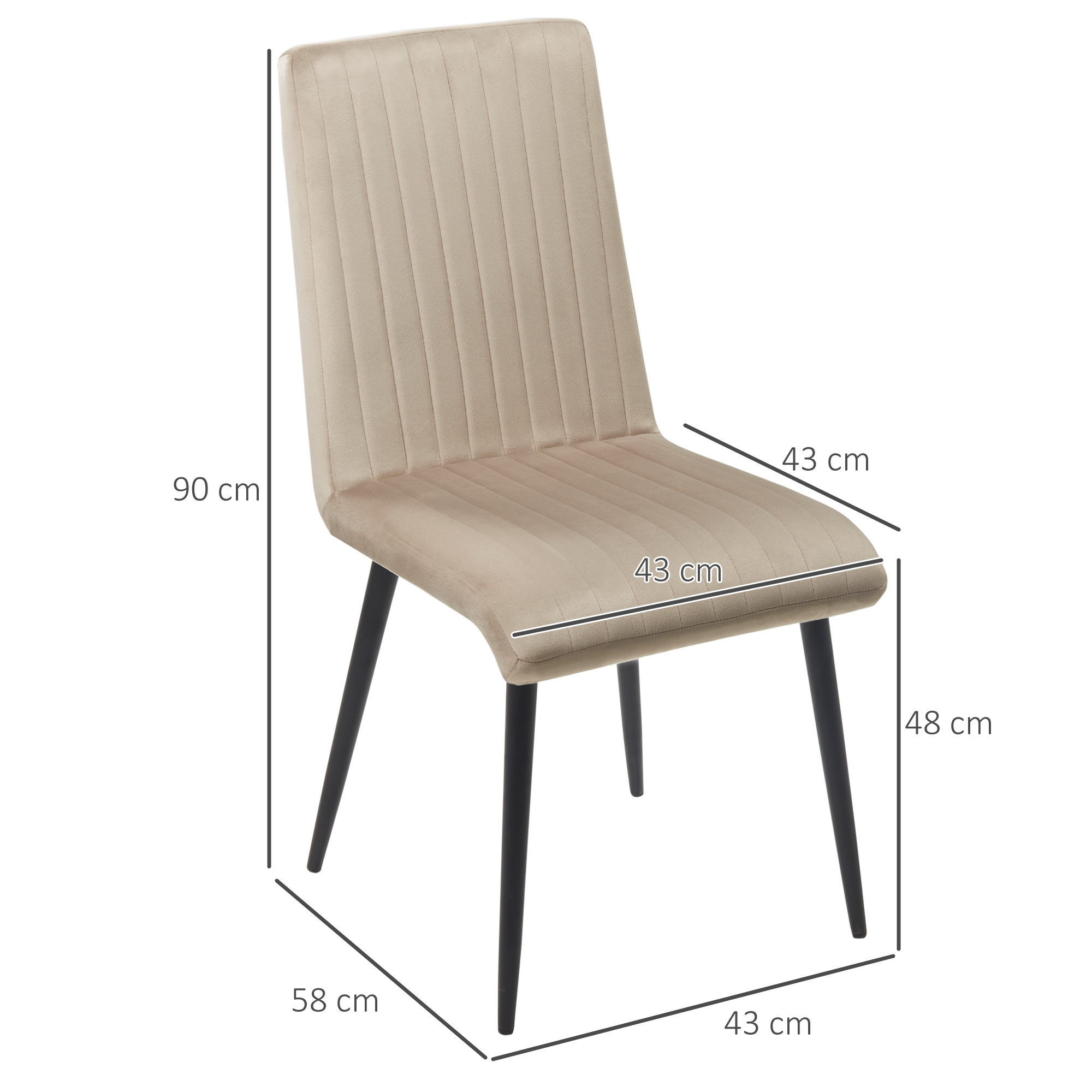 Sedia beige con gambe nere, dimensioni: 90x58x43cm, seduta 43x43cm, altezza 48cm. Linee verticali sullo schienale.