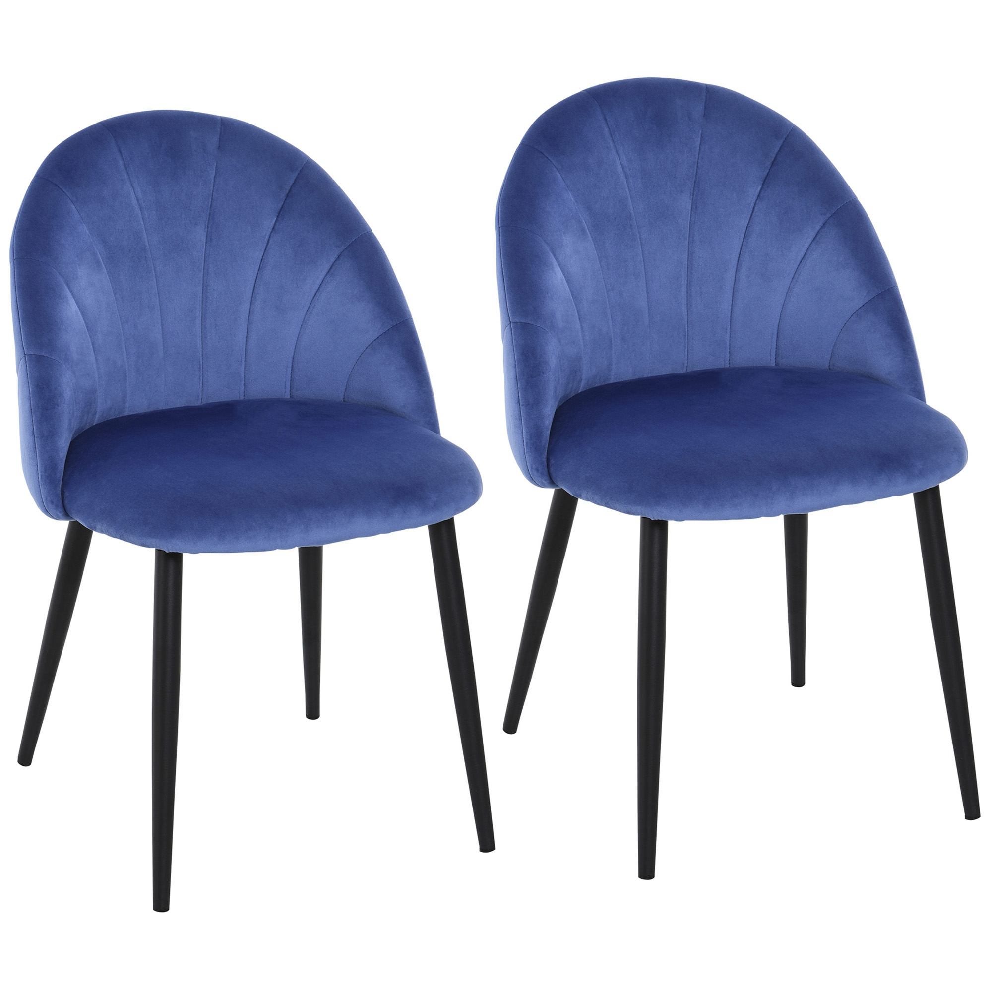Due sedie blu con gambe nere. Hanno schienali curvi e un design trapuntato.