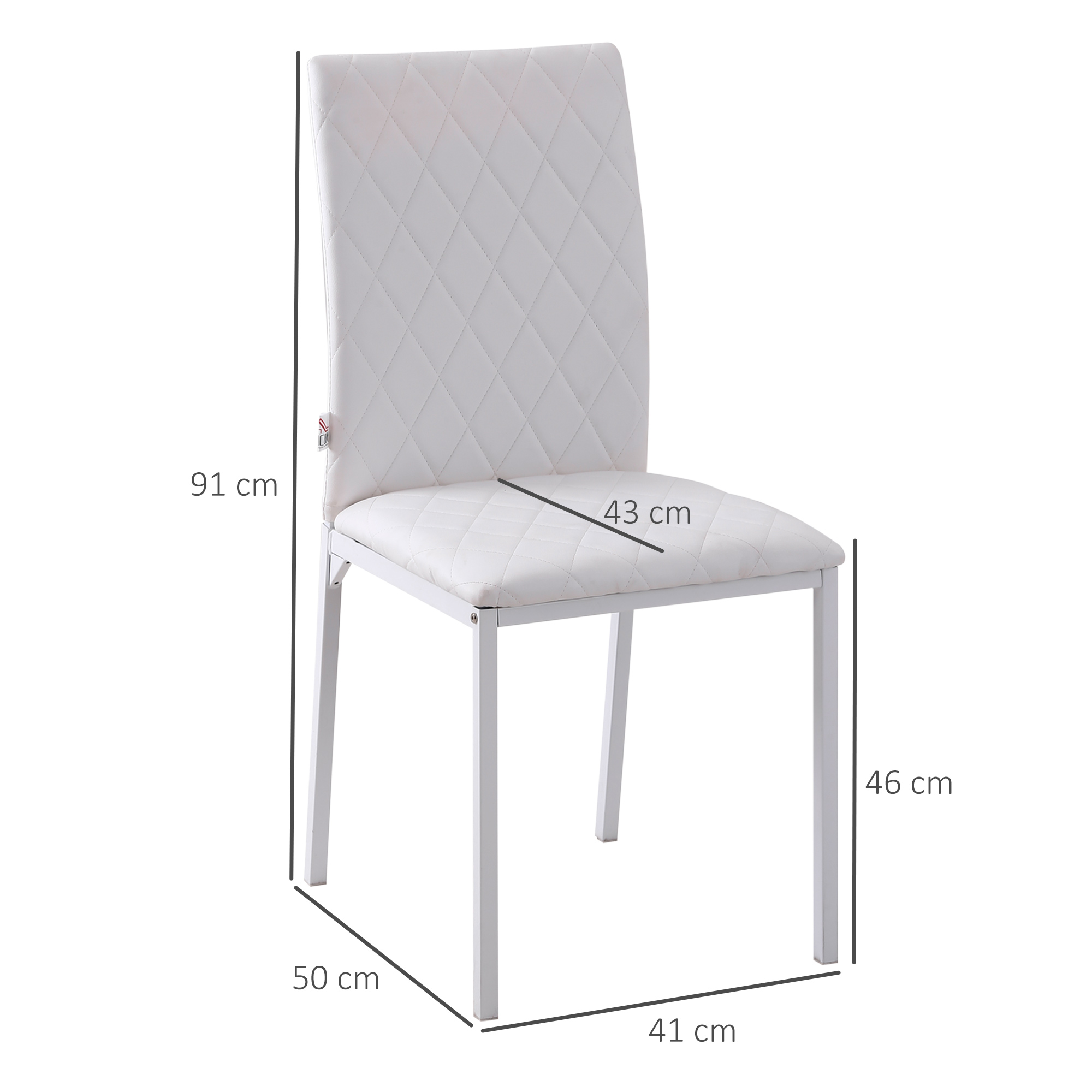 Sedia bianca trapuntata a rombi con gambe in metallo. Dimensioni espresse in cm.