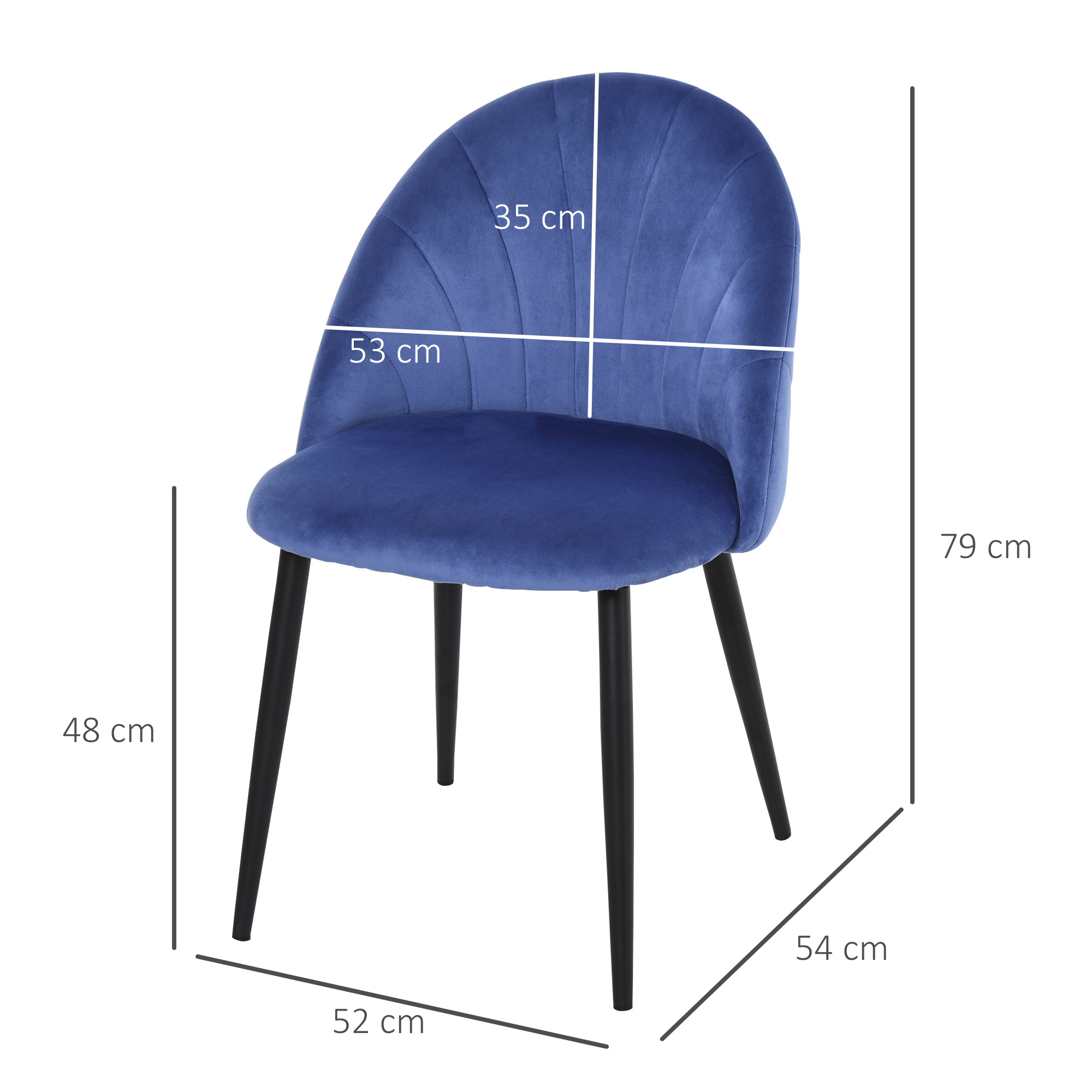 Una sedia di velluto blu con dimensioni su sfondo bianco. La sedia ha gambe nere.