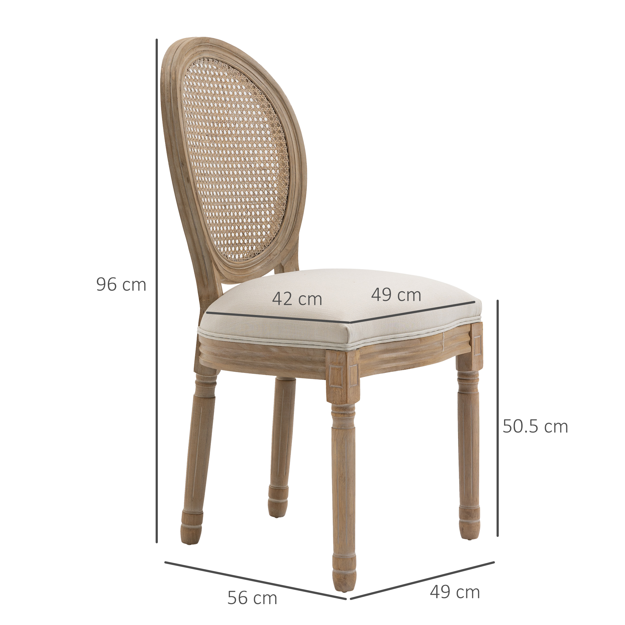 Sedia in legno con schienale intrecciato. Dimensioni in cm. Cuscino beige.