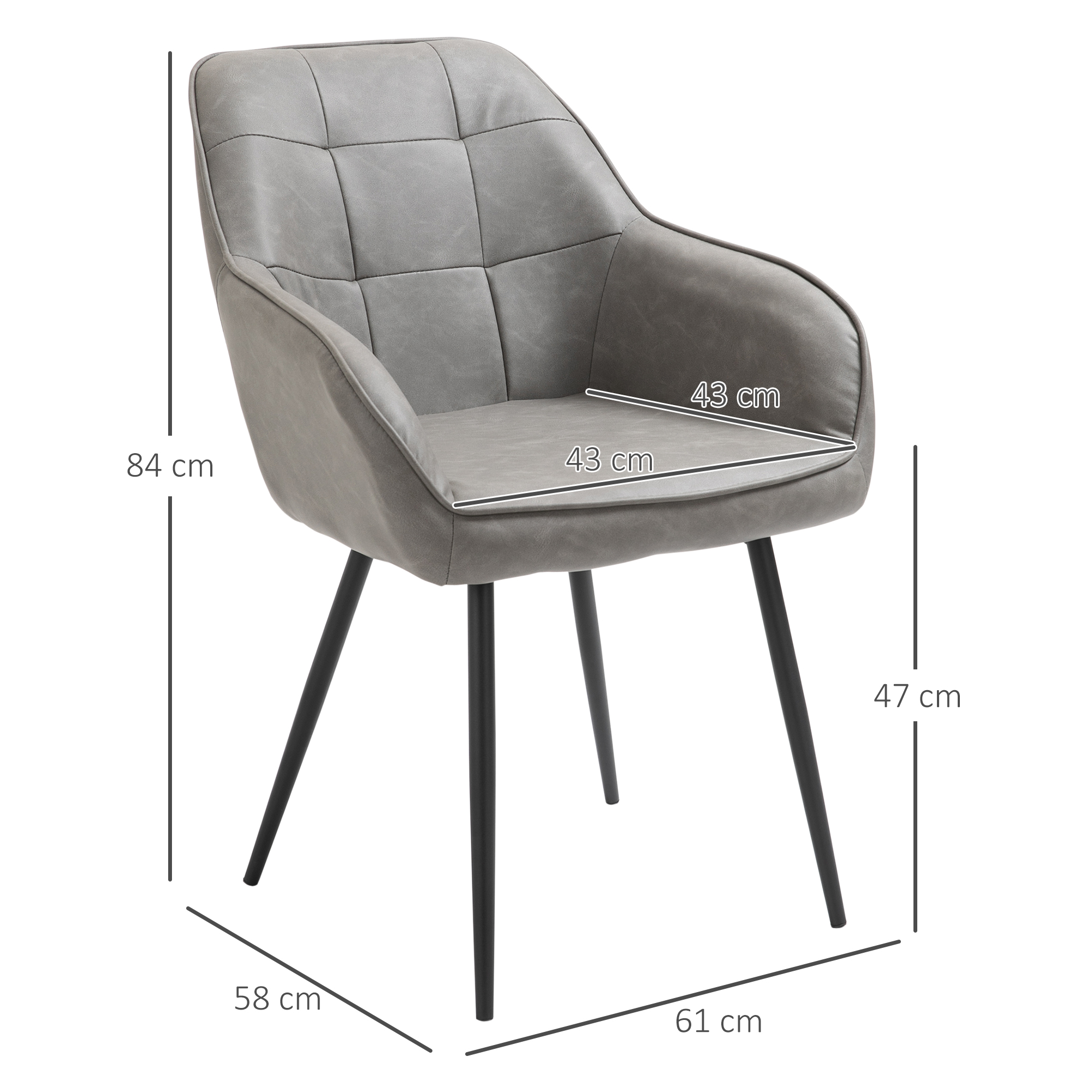 Sedia grigia con dimensioni: 84x58x61cm, seduta 43x43cm, altezza 47cm. Design a quadri sulla seduta.