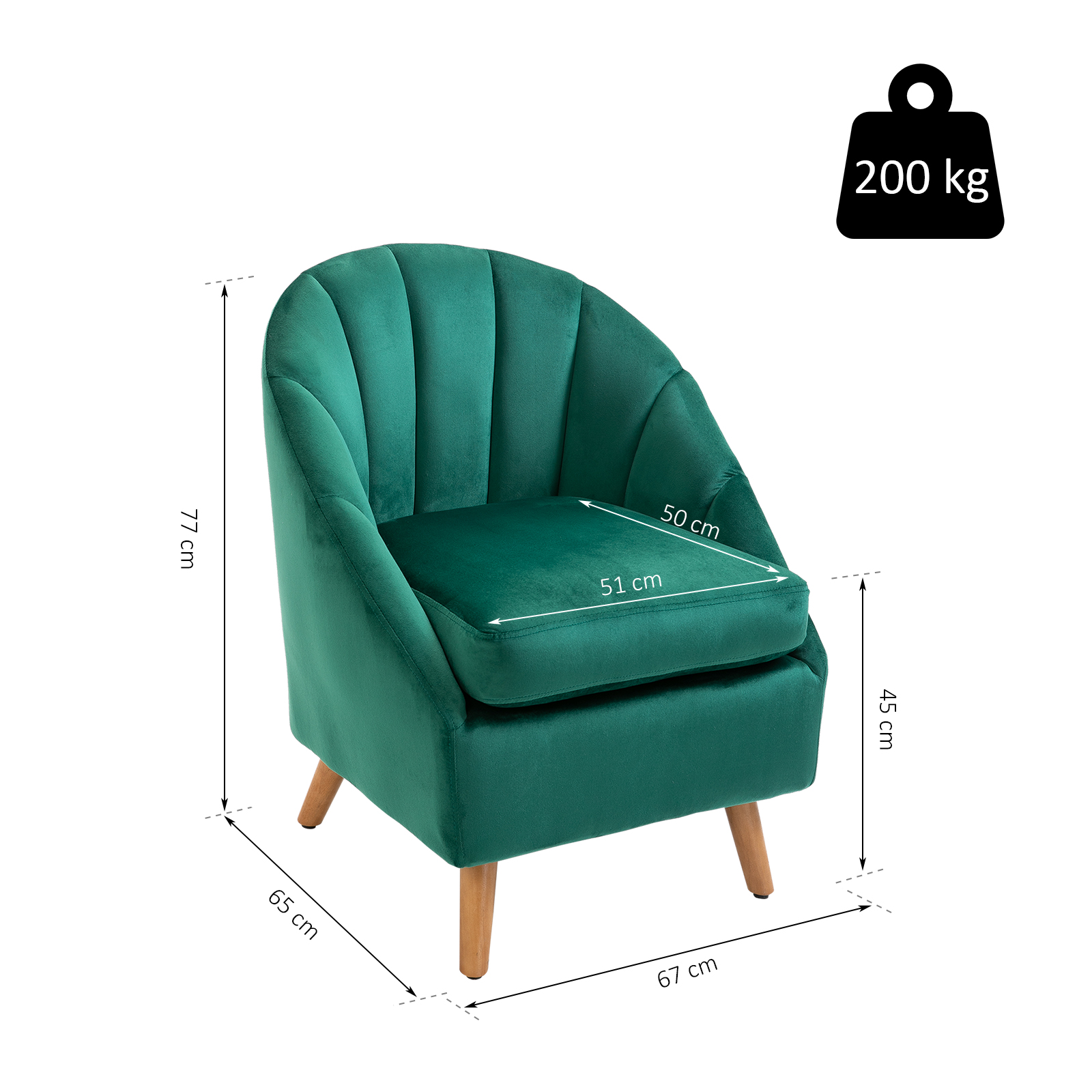 Poltrona in velluto verde con dimensioni. Gambe in legno e cartello limite di peso 200 kg.