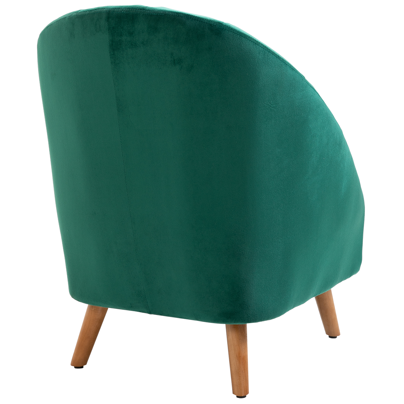 Una sedia verde con gambe in legno su sfondo bianco.