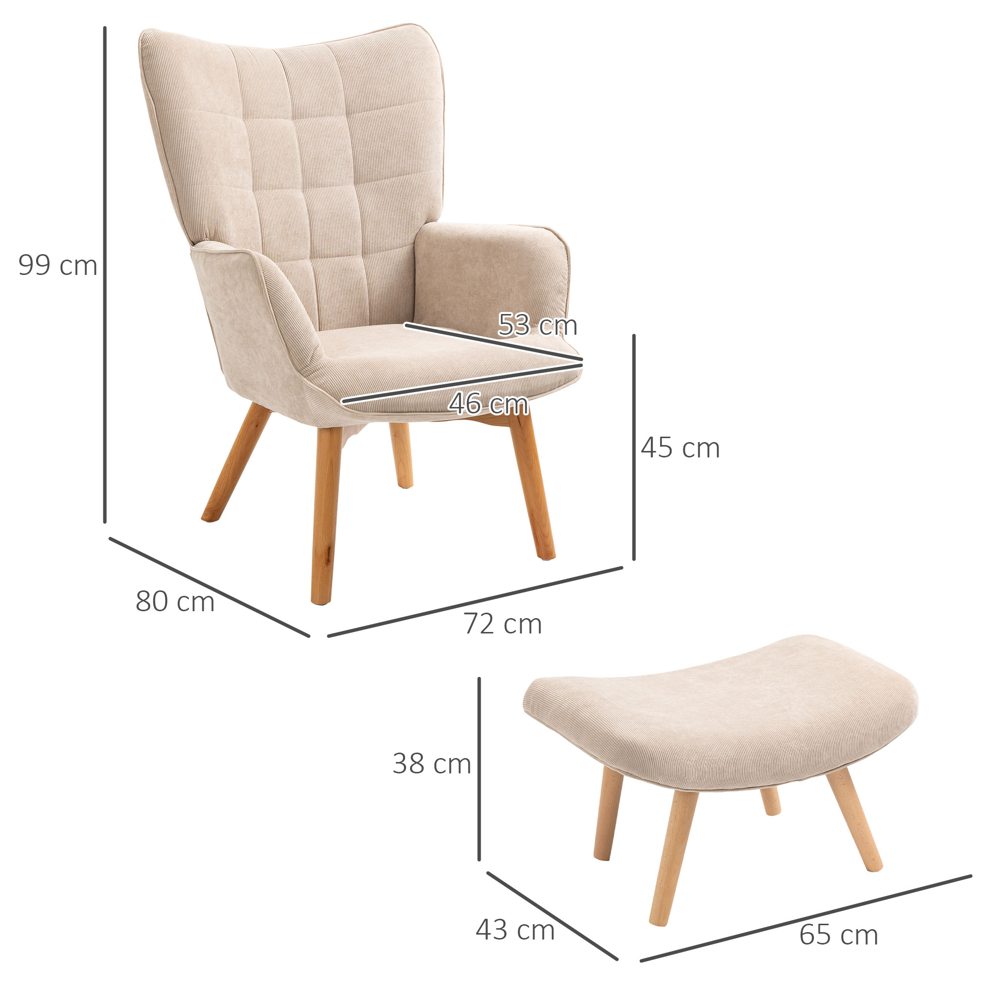 Set poltrona e pouf beige. Gambe in legno. Dimensioni in cm.