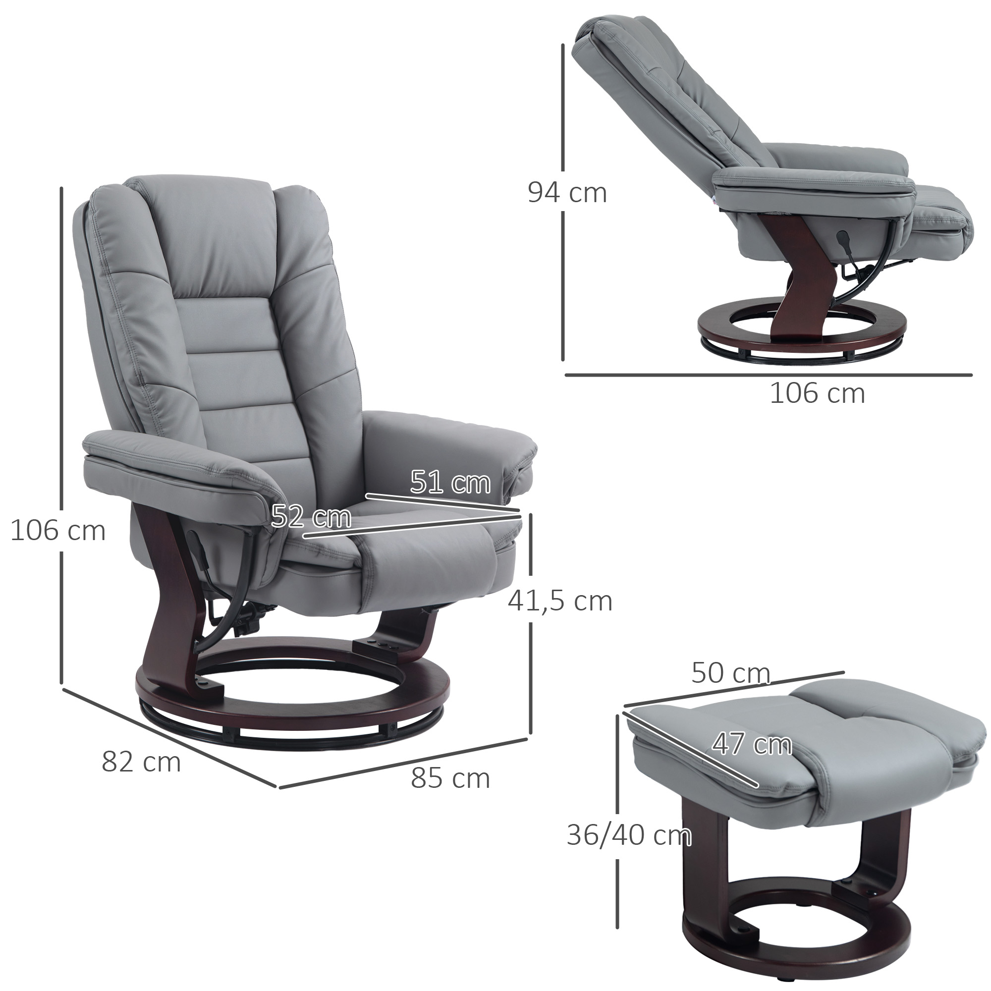 Poltrona reclinabile in pelle grigia con dimensioni: 106x82x103 cm, con pouf.