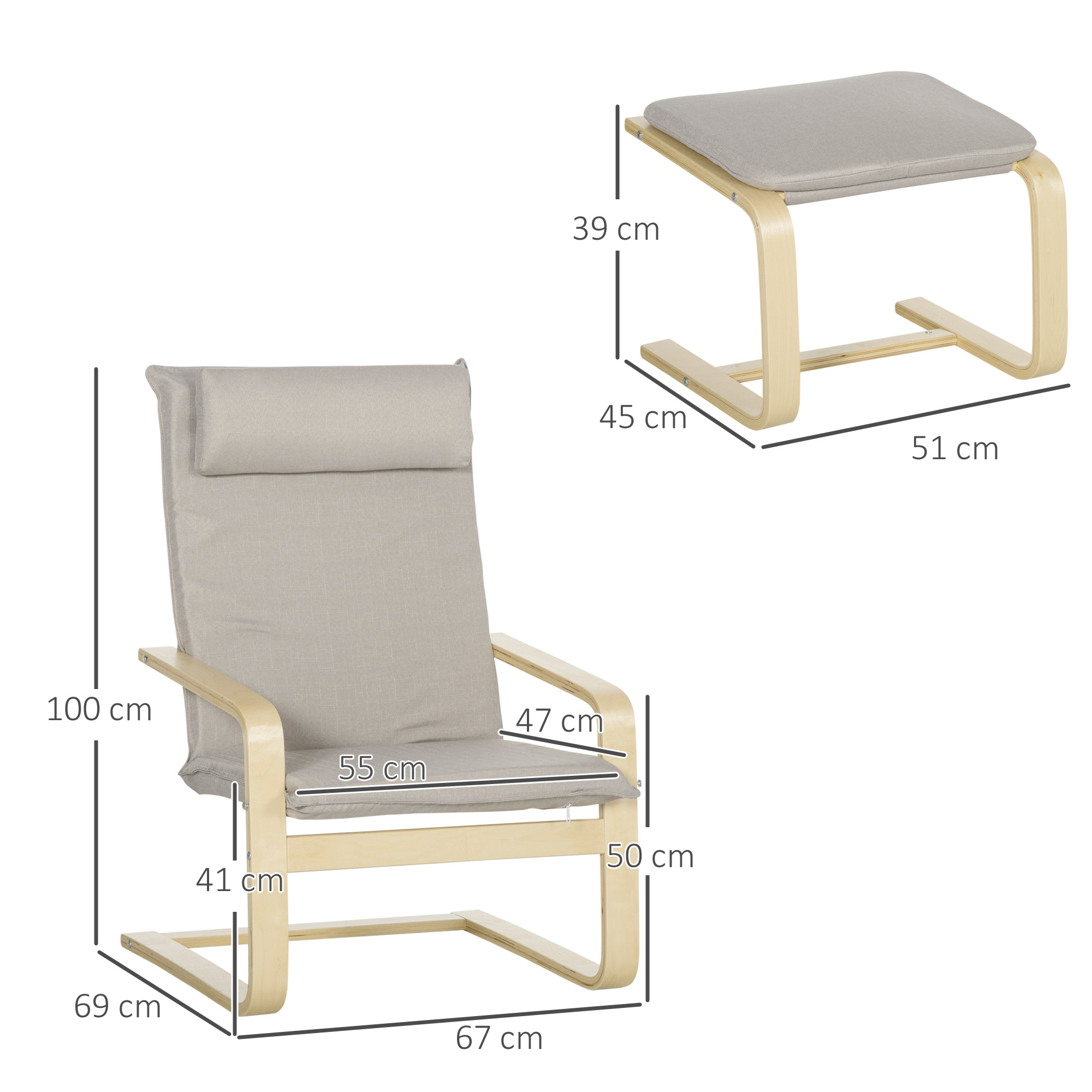 Sedia beige con struttura in legno e poggiapiedi, entrambi con dimensioni.