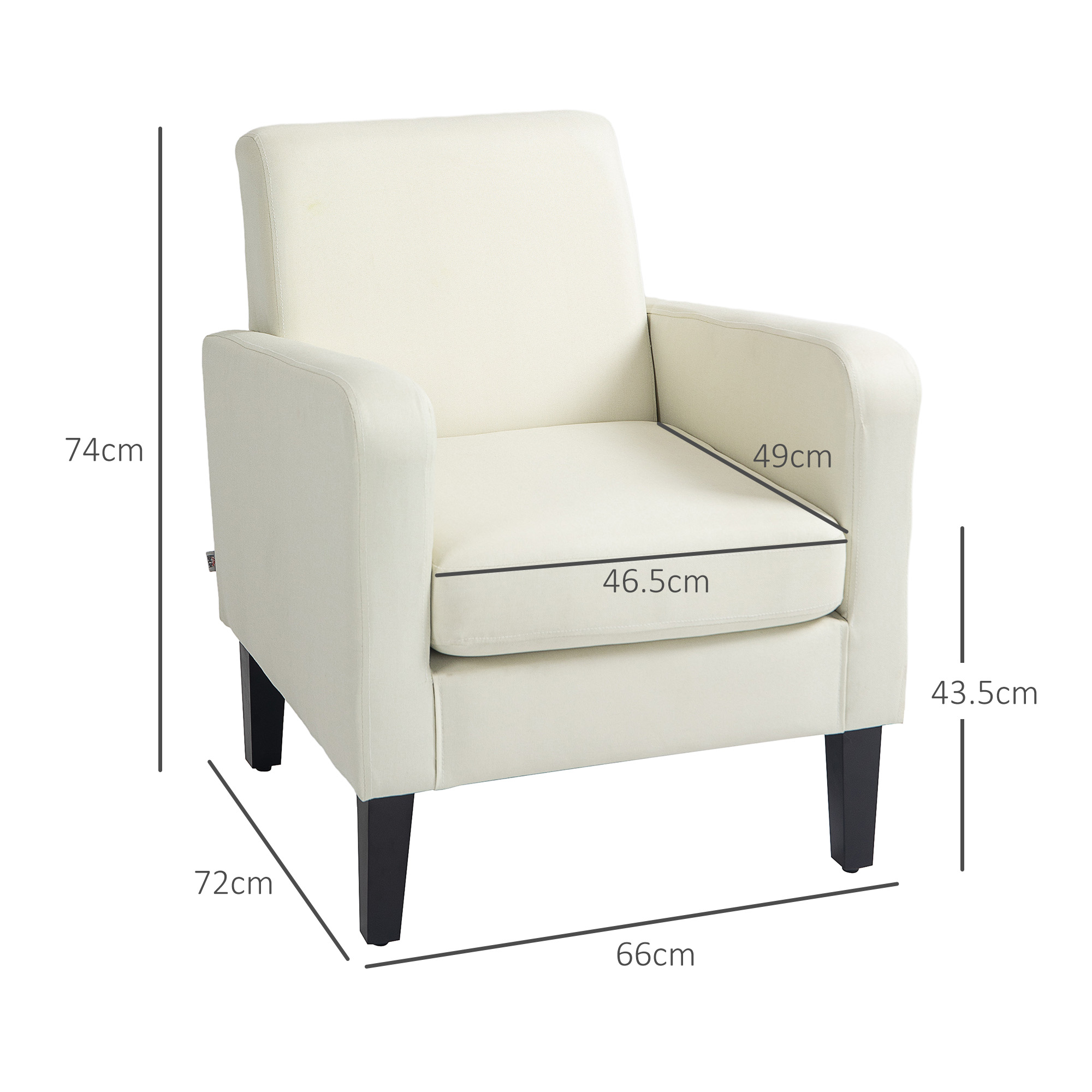 Poltrona color crema con dimensioni: 74cm altezza, 72cm larghezza, 66cm profondità, 49cm seduta.