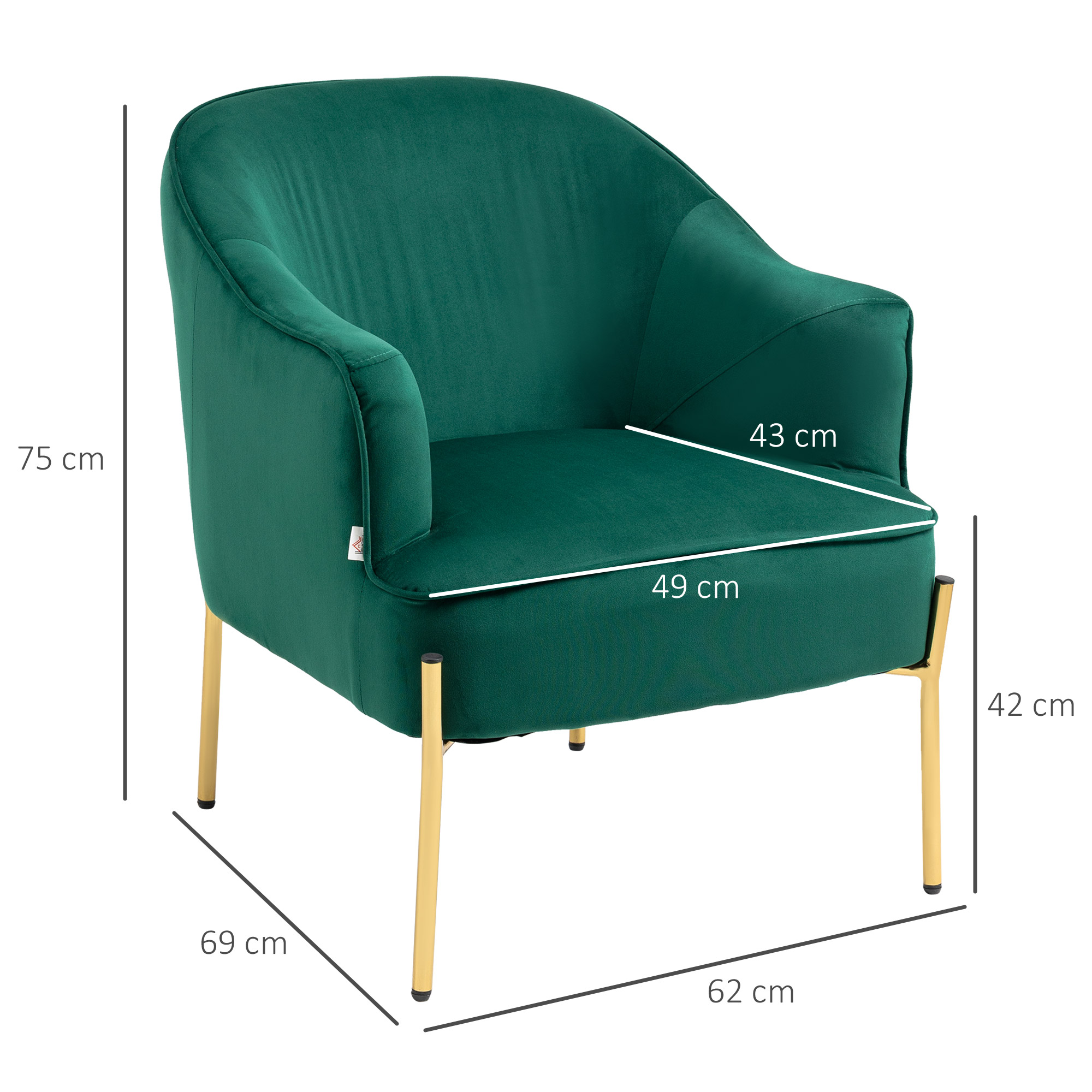 Poltrona verde con gambe dorate. Dimensioni: 75x69x62 cm, seduta: 43x49 cm.