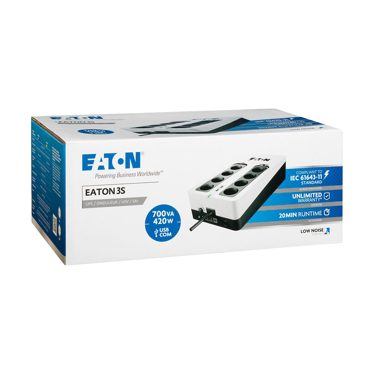 Caja Eaton 3S UPS blanca y azul con una regleta negra. Fondo blanco.