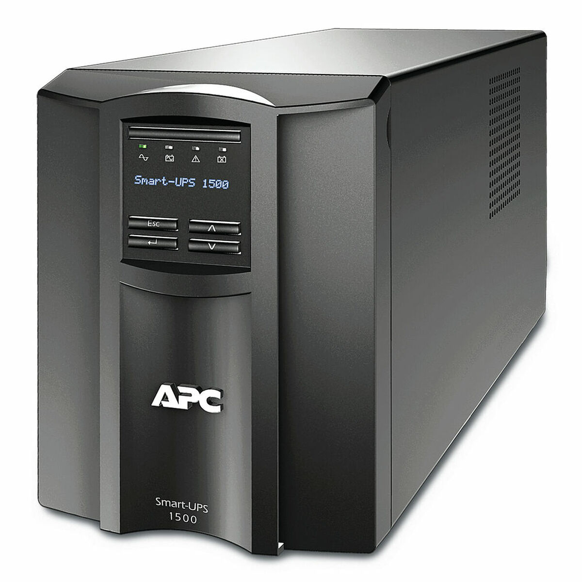 Schwarzes USV-Gerät mit Display und Knöpfen. Das Gerät hat das APC-Markenlogo auf der Vorderseite.