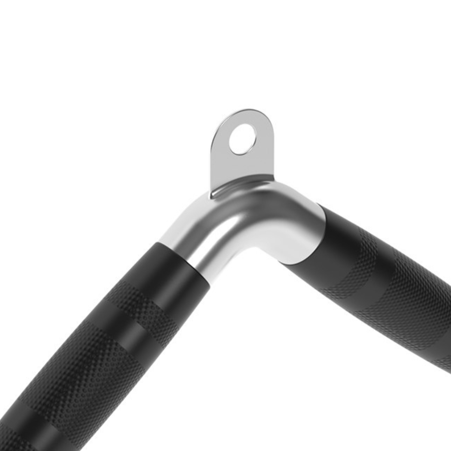 Close-up of a silver lat pulldown bar with black textured grips and a loop for attachment.