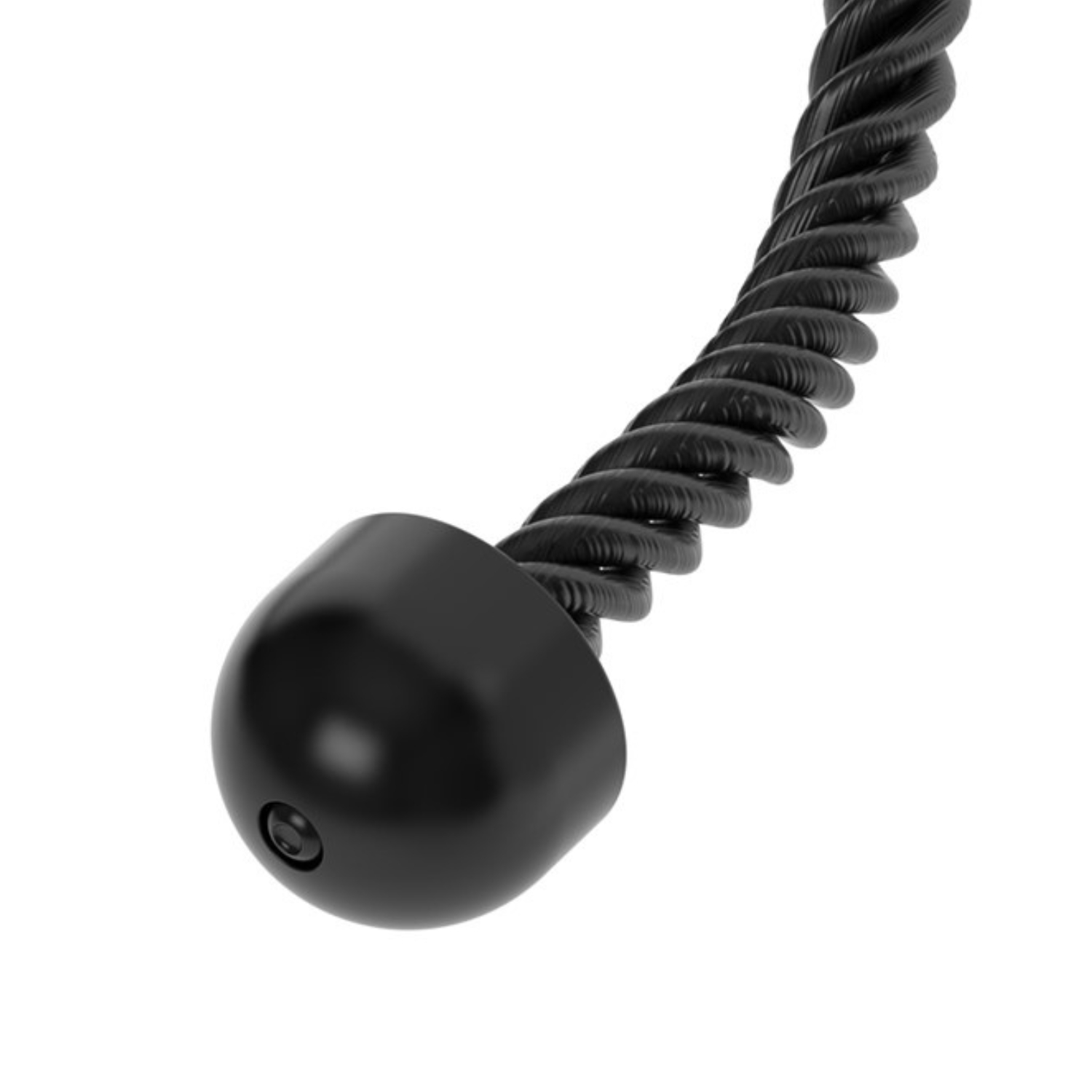 Black cable with a rounded end. The cable is twisted, and the end has a small hole.