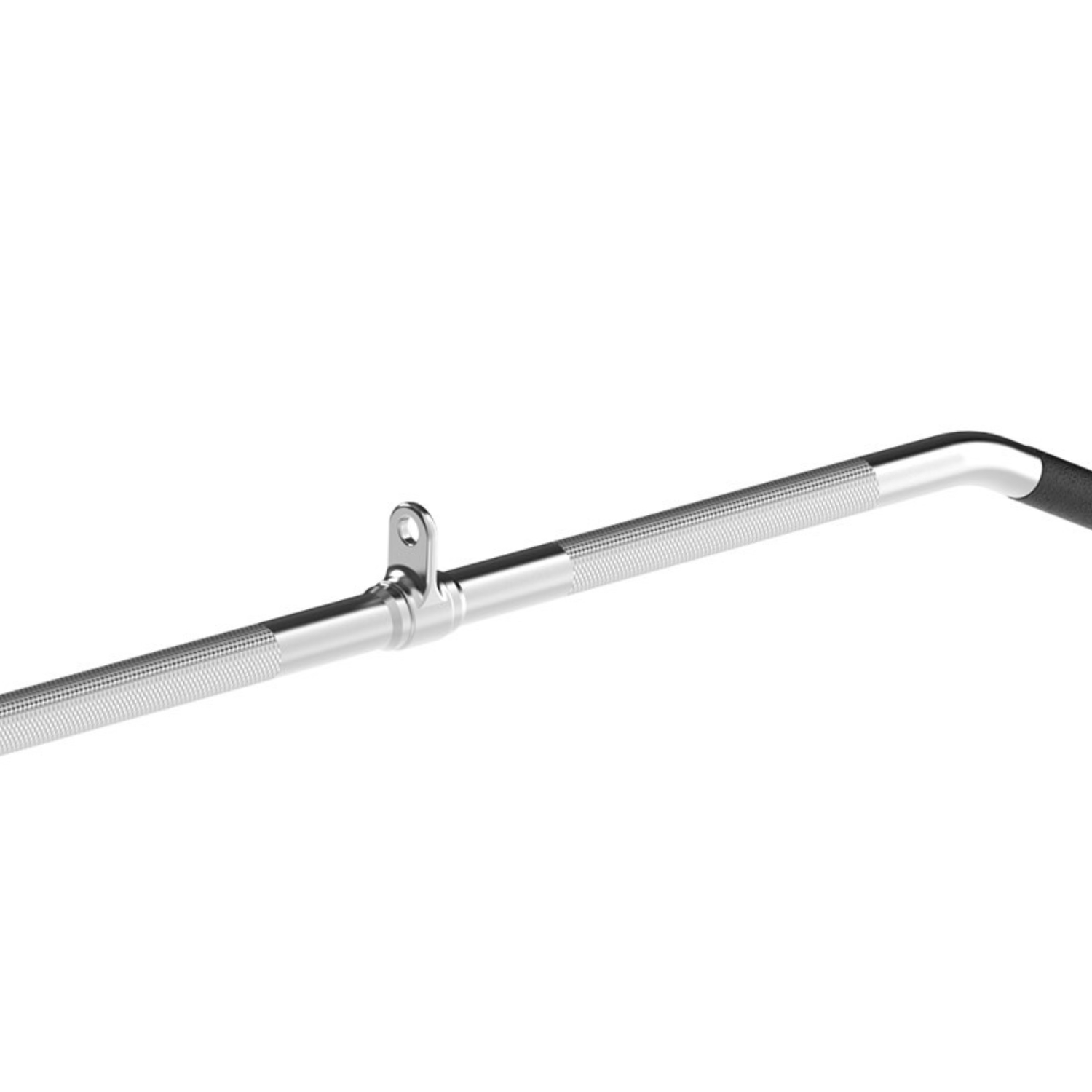 Silver lat pulldown bar with textured grips, a ring, and a curved end, isolated on a white background.