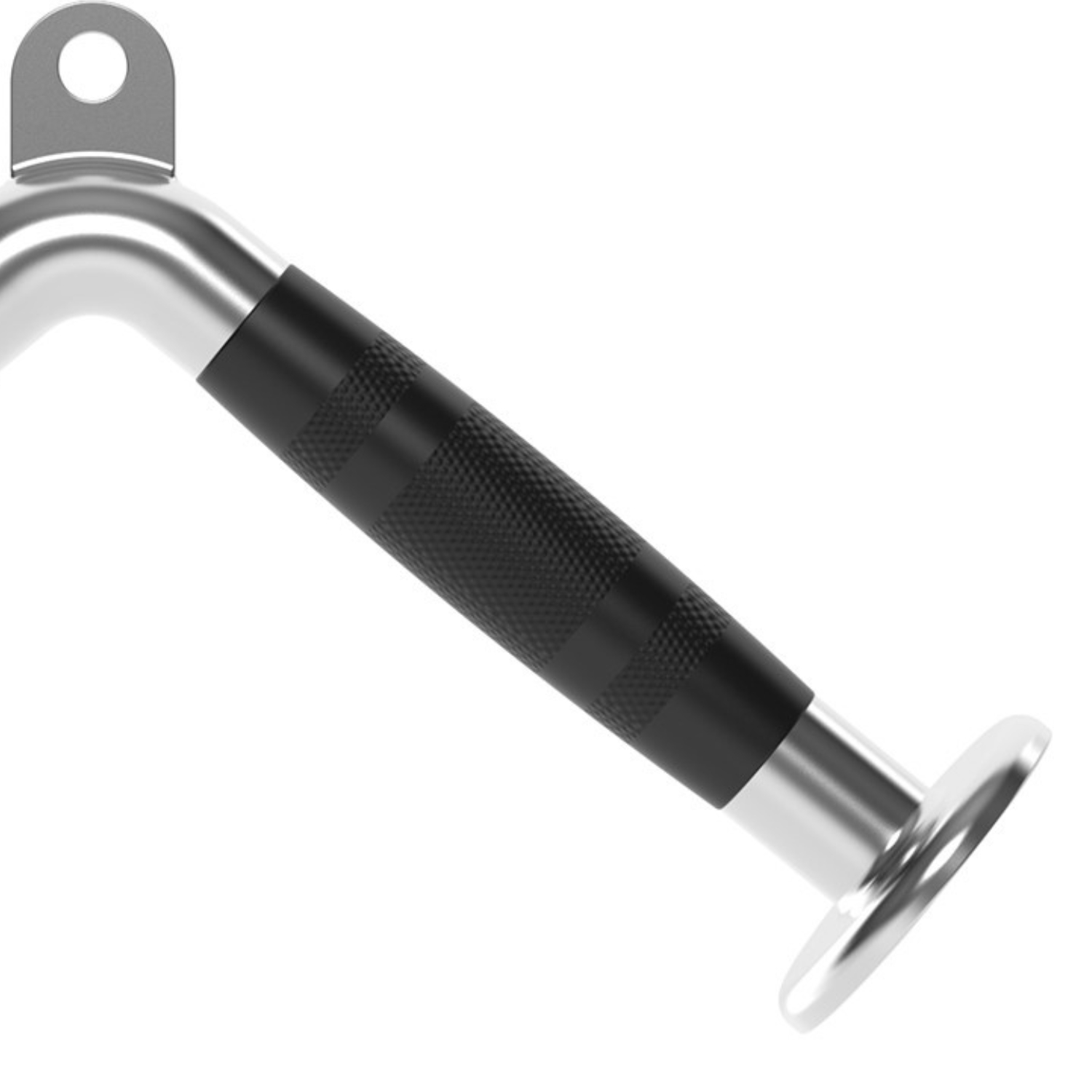 Silver and black weightlifting handle, close up on white background.