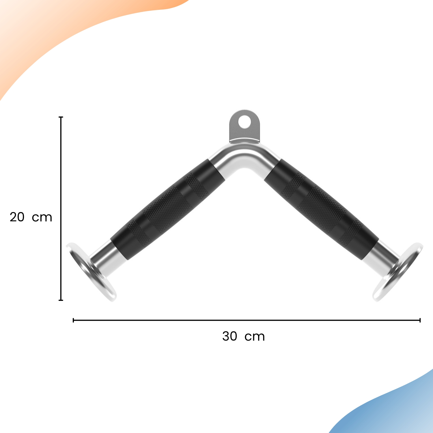 Black and silver gym exercise bar with dimensions shown: 20cm height, 30cm width, with a white background.