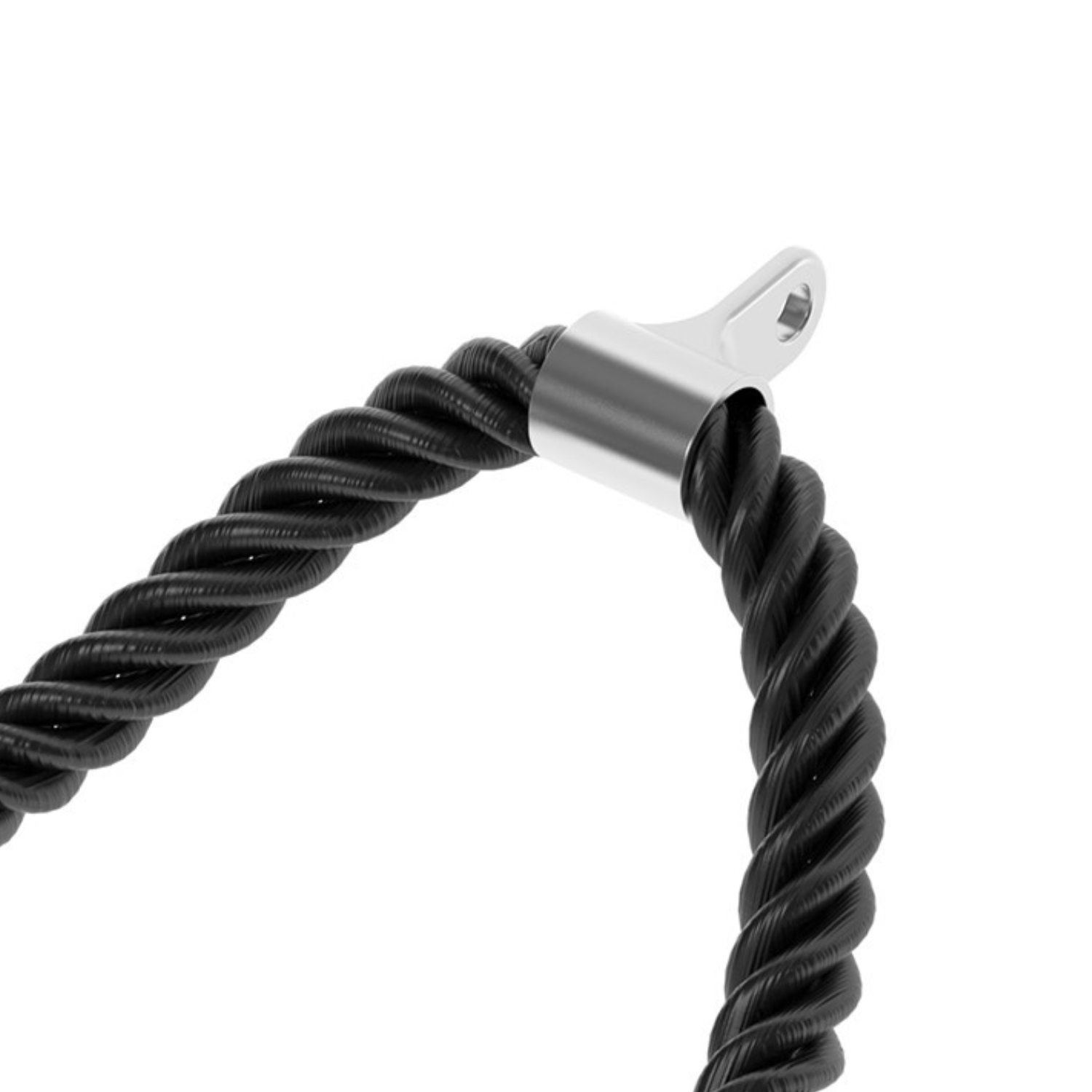 Black rope with metal attachment. The rope is twisted and connected to a metal piece with a hole.