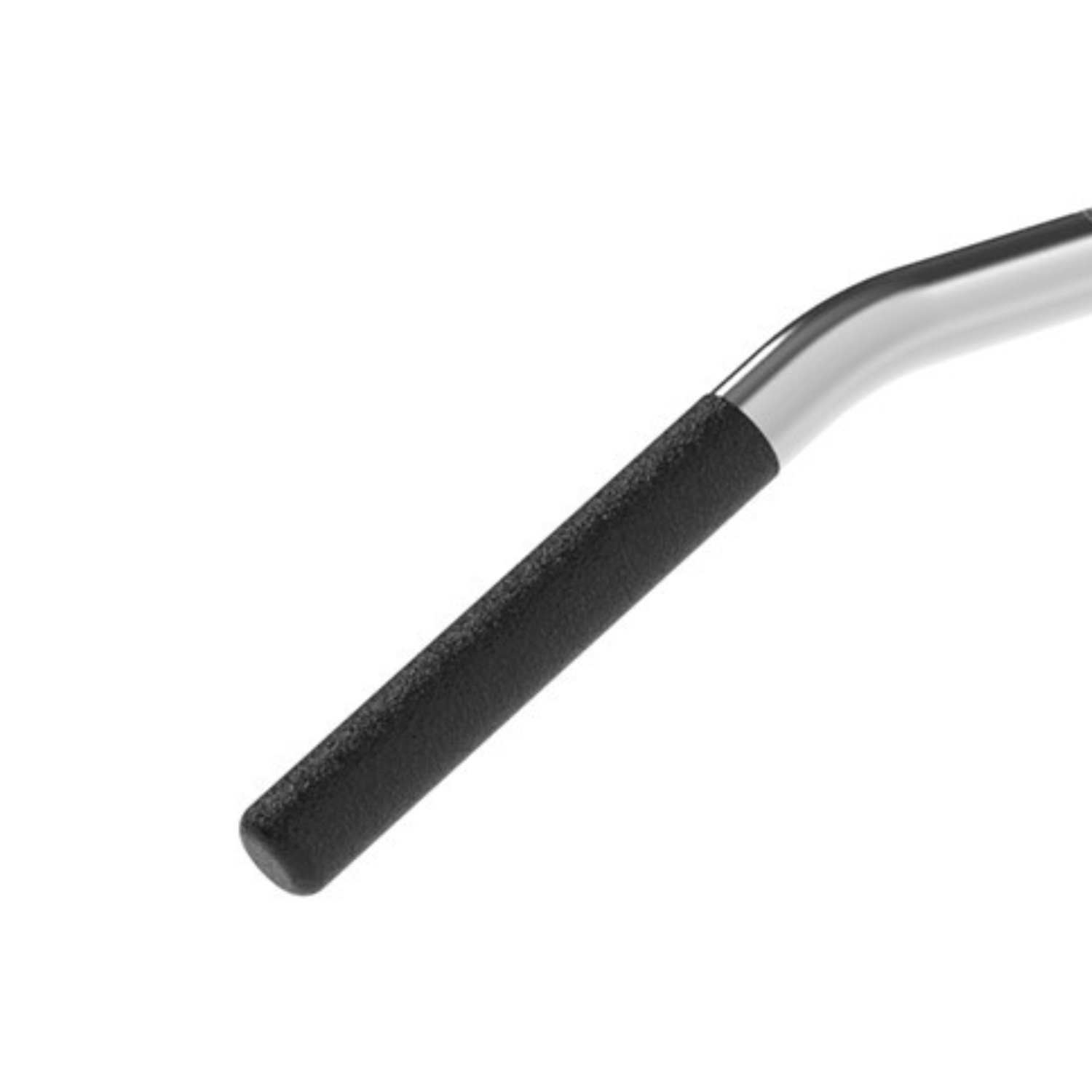 A close-up of a black handlebar grip on a white background.