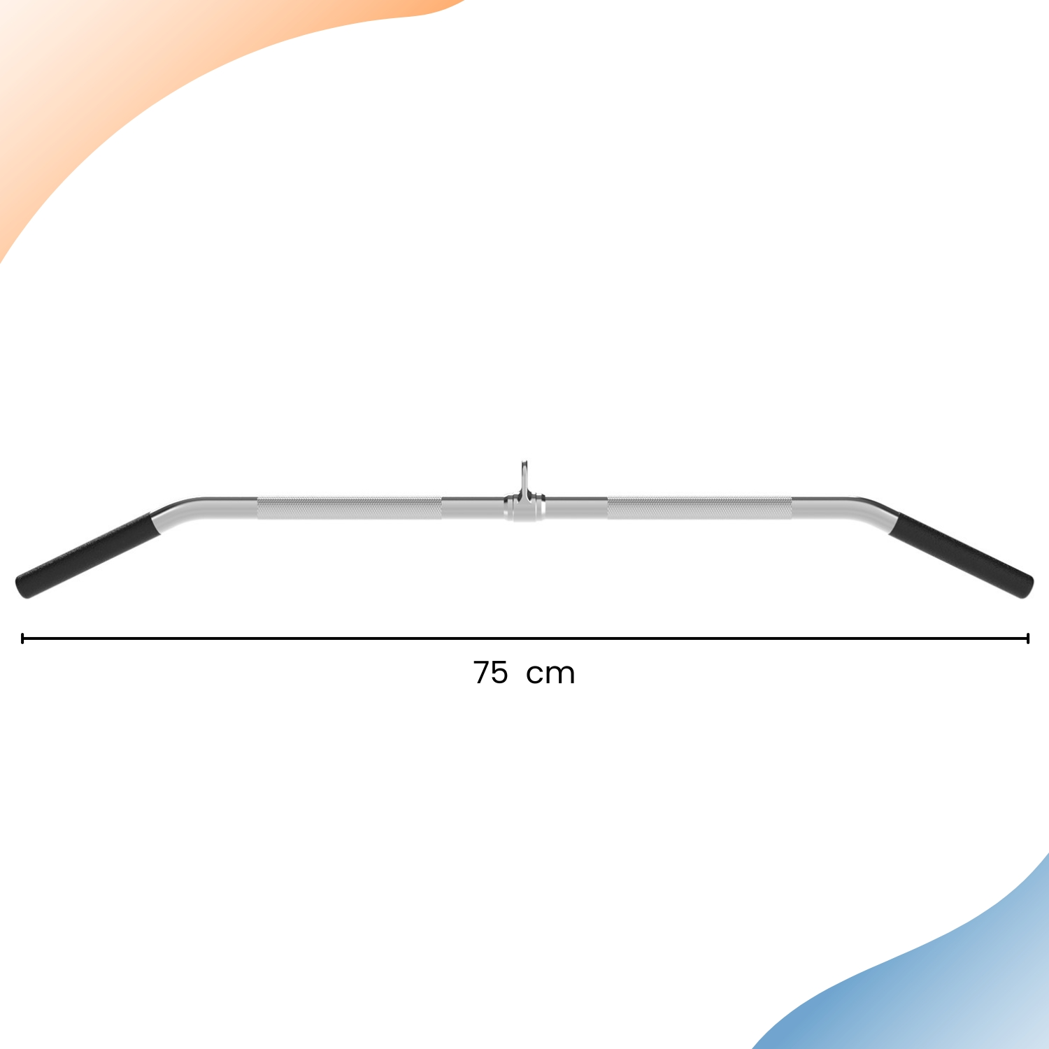 A silver, 75 cm lat pulldown bar. The bar has black rubber grips at each end and a middle attachment point.