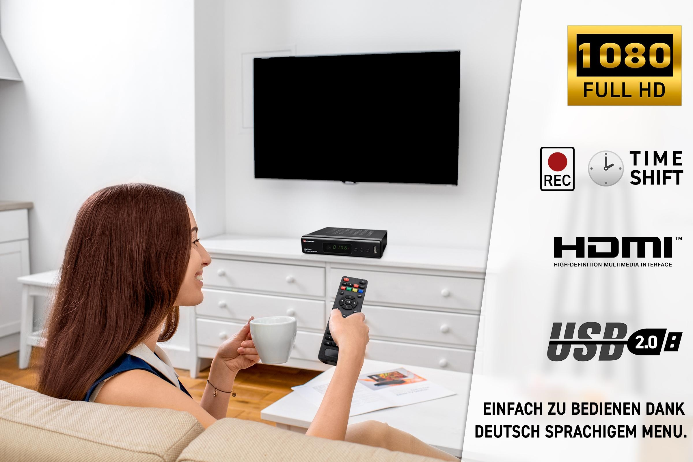 Frau schaut TV mit Fernbedienung, HDMI, USB und Aufnahme-Icons, deutscher Text.