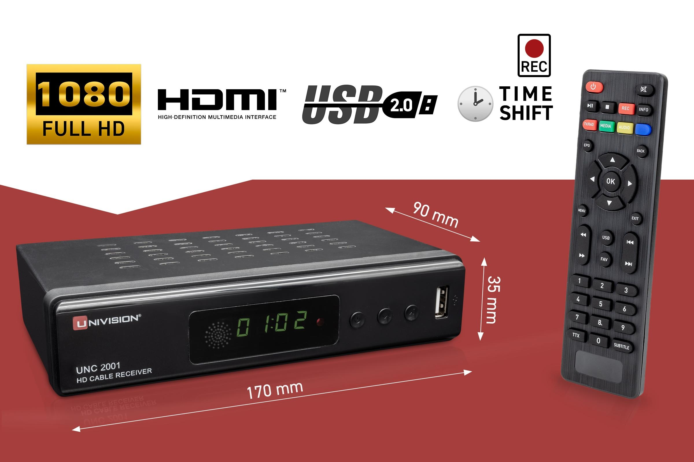 Schwarzer TV-Receiver und Fernbedienung. Text zu 1080 Full HD, HDMI, USB und Time Shift.