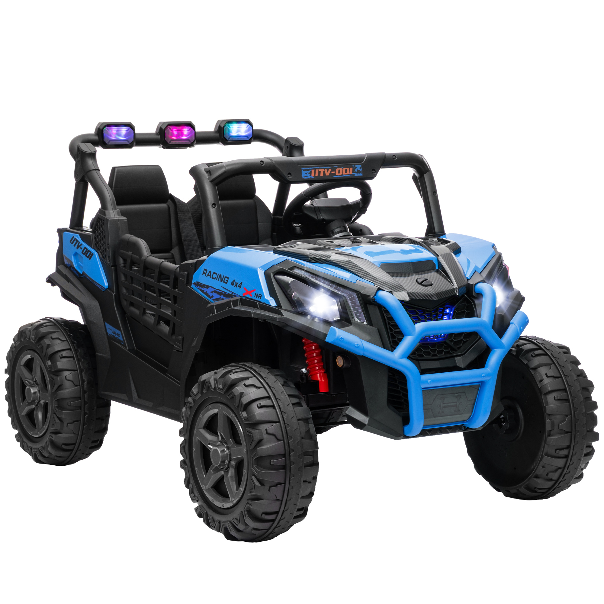 Auto giocattolo blu e nero. Ha quattro ruote e un roll-bar, luci sopra.
