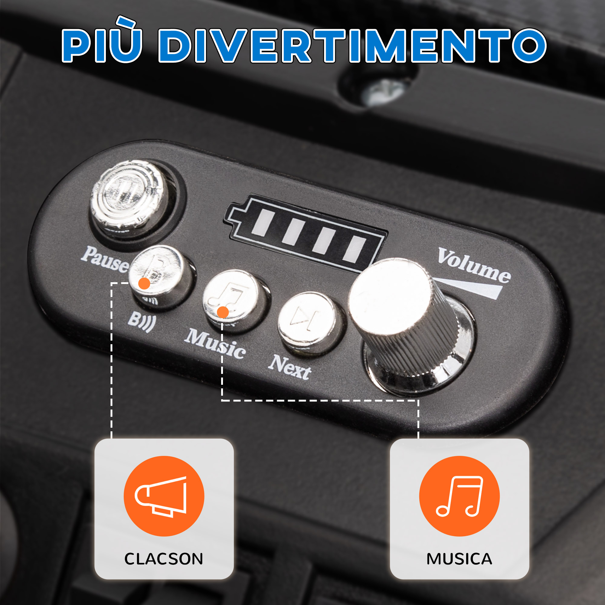 Primo piano di un pannello di controllo nero con pulsanti e manopola del volume.