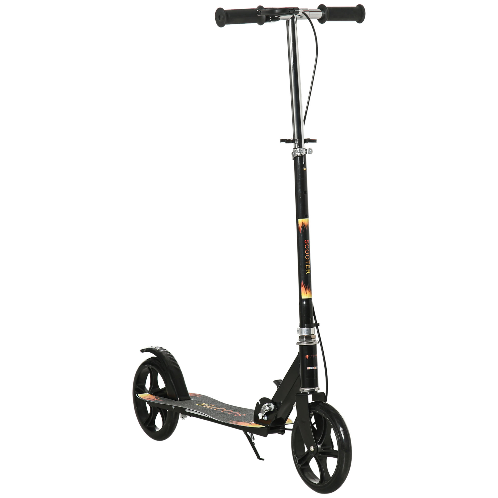 Scooter pieghevole nero con design rosso e arancione. Manubrio e ruote neri.