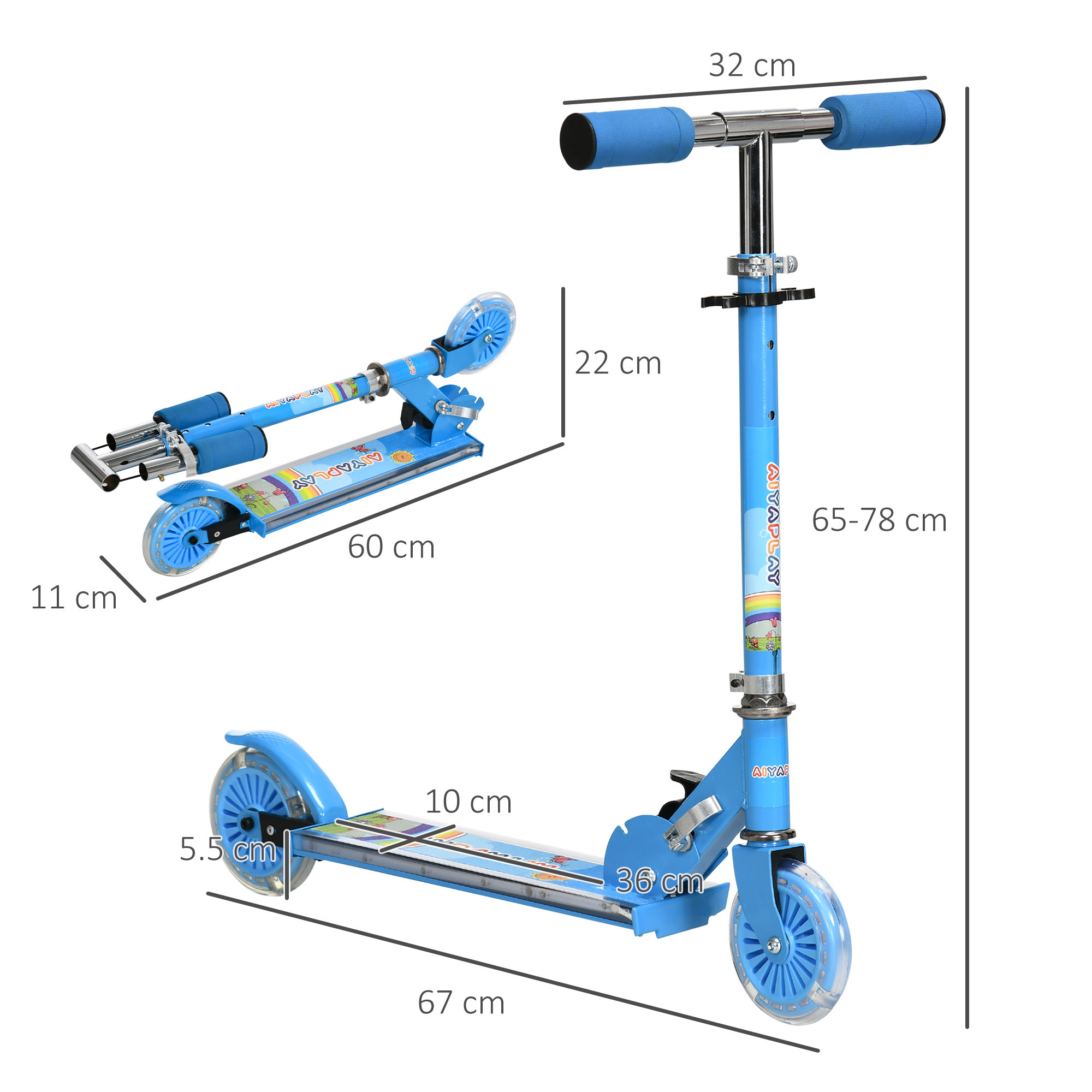 Scooter blu con dimensioni. Le misure sono in cm. Sfondo bianco.
