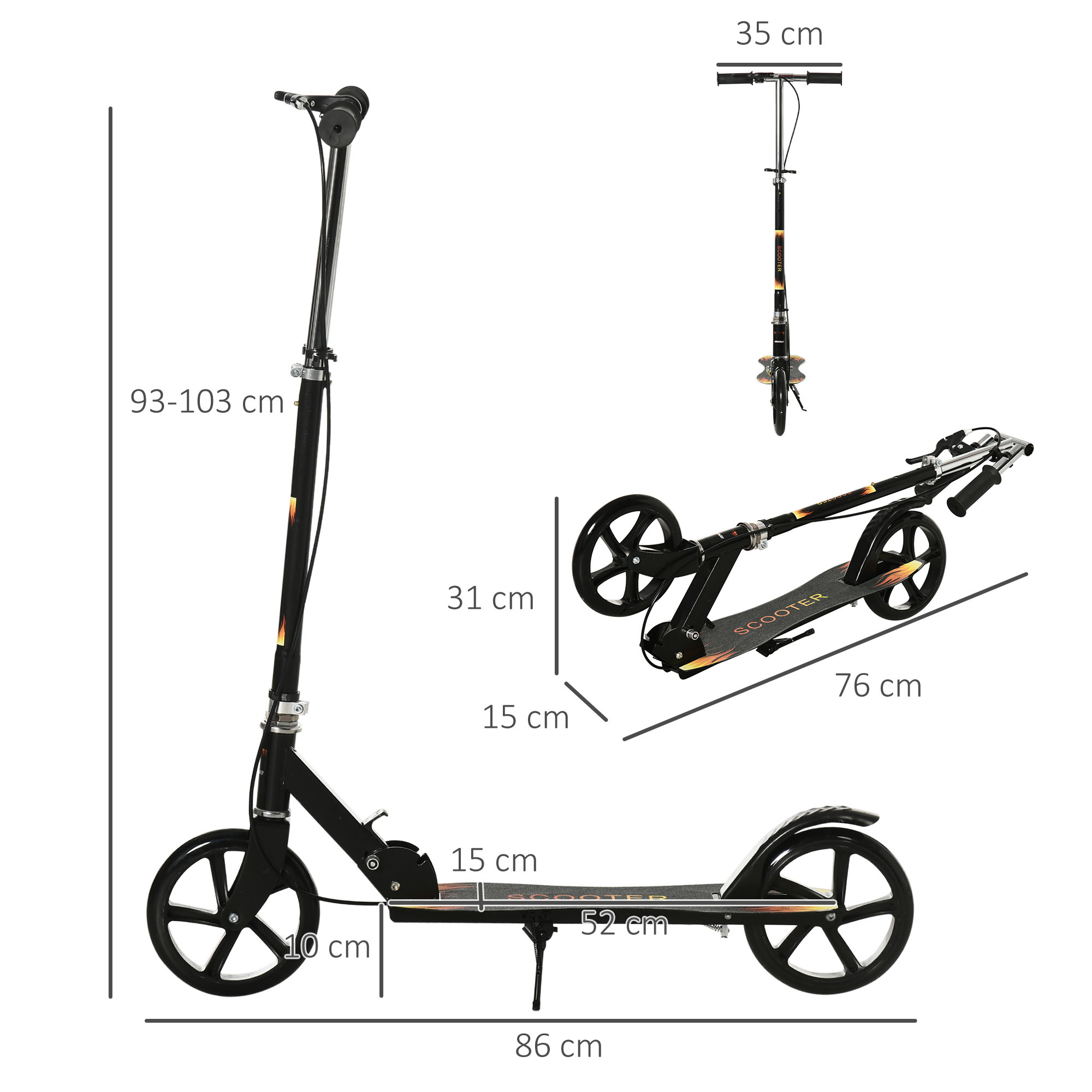 Scooter nero con dimensioni: 93-103cm altezza, 76cm lunghezza, 35cm manubrio, 31cm diametro ruota.