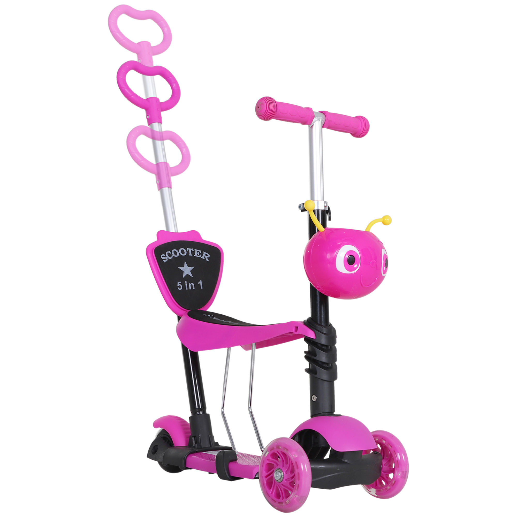 Scooter rosa con un viso sul davanti. Ha tre ruote e un manico per i genitori.