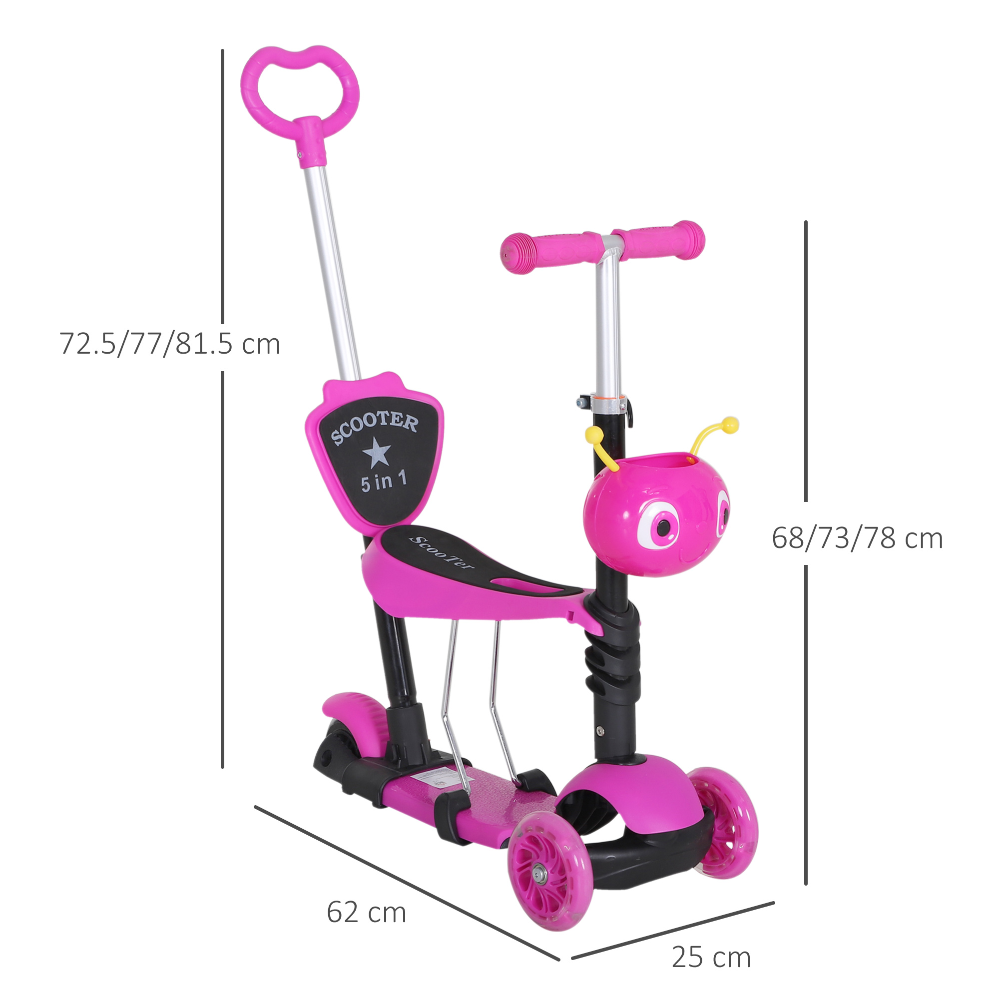 Scooter rosa con dimensioni: 62 cm di larghezza, 25 cm di profondità e altezza regolabile da 68-81,5 cm. È un 5-in-1.