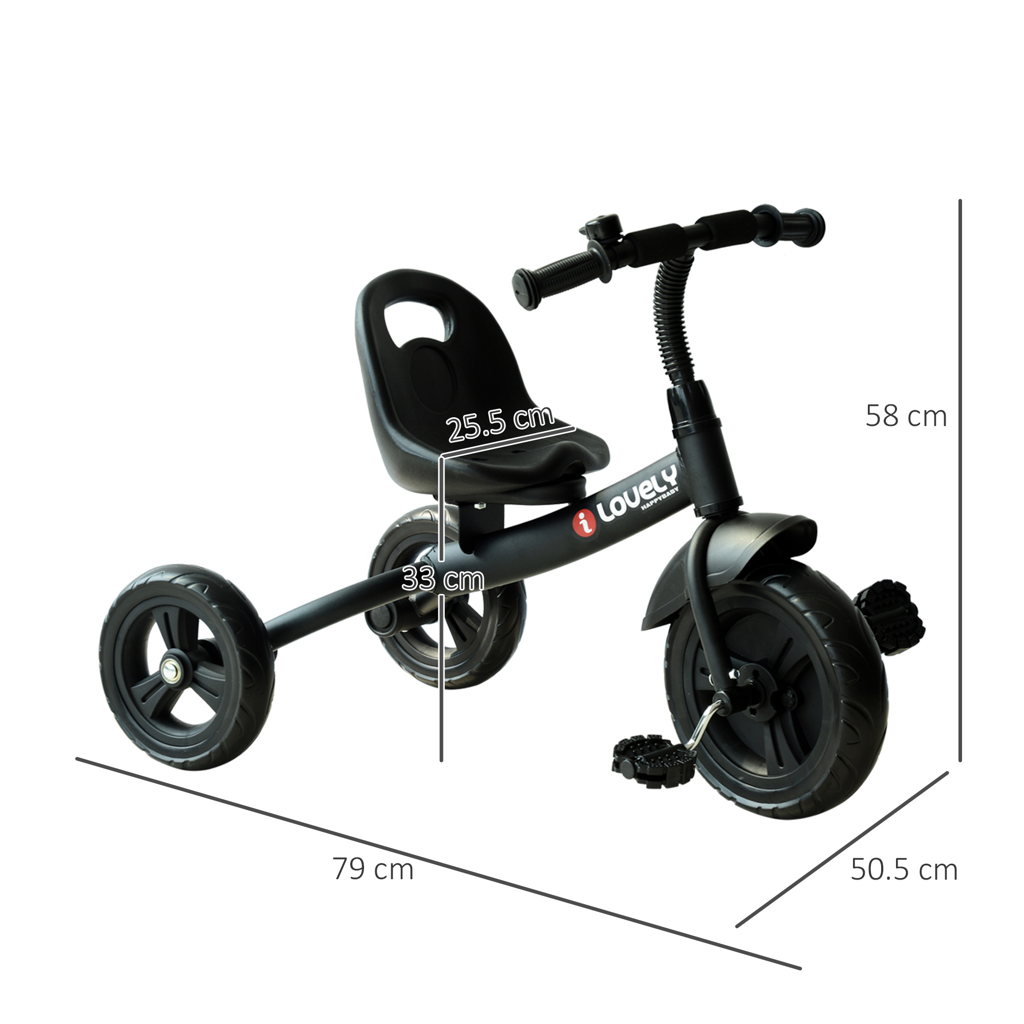 Triciclo nero con misure. Sedile, pedali e manubrio neri.
