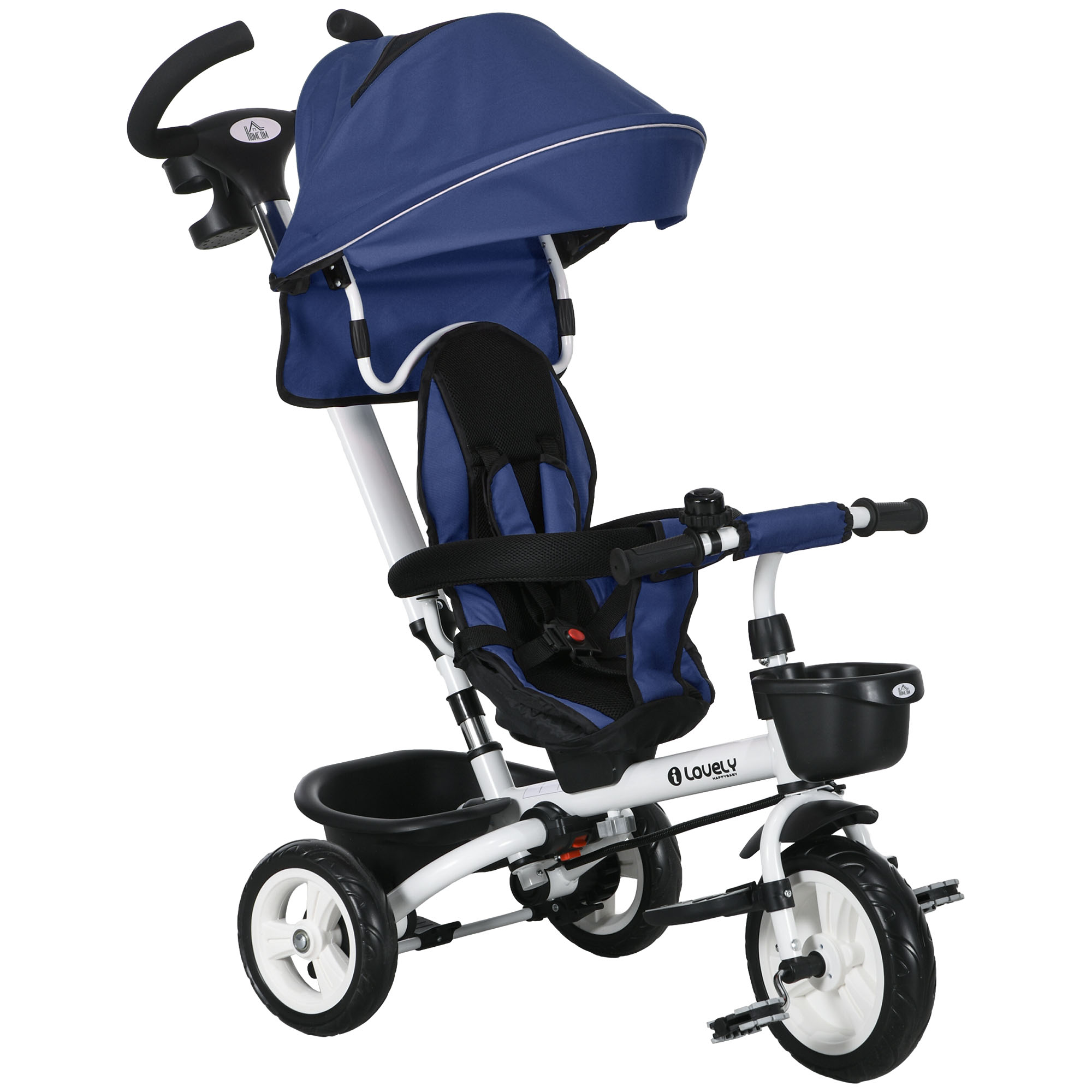 Un triciclo Lovely blu e bianco con tettuccio e cestino, su sfondo bianco.