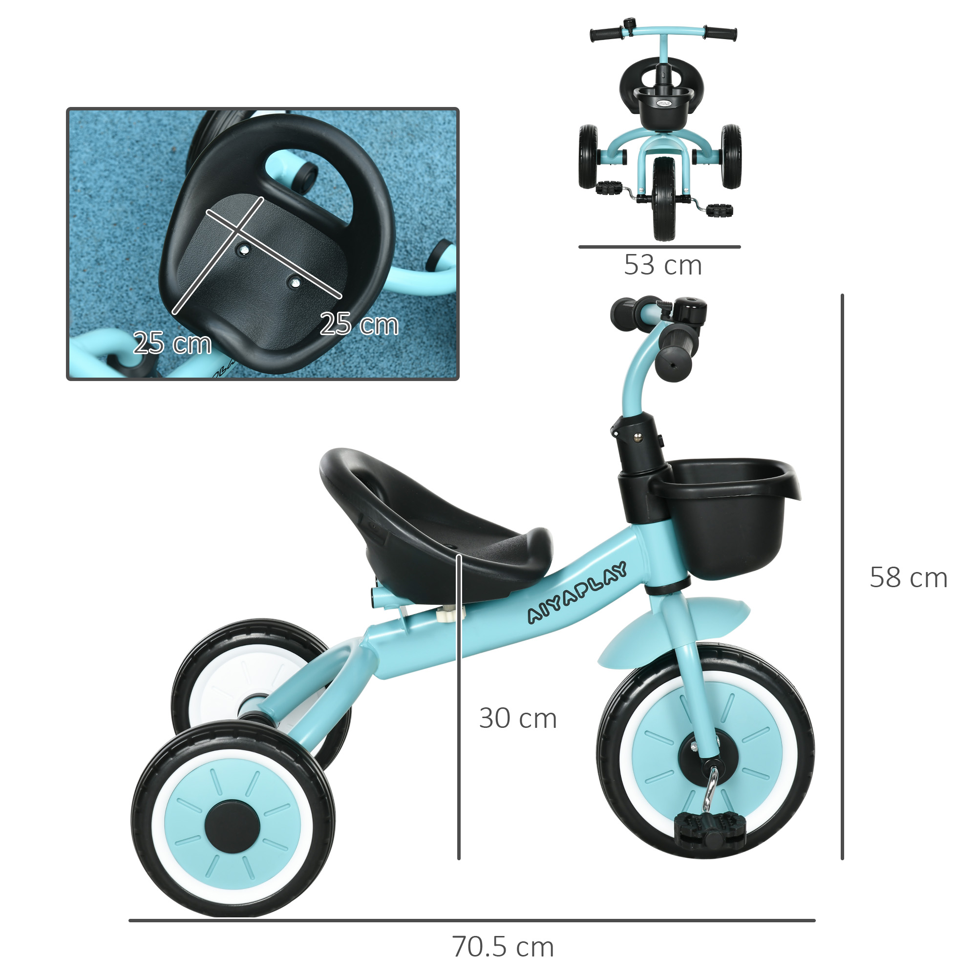 Un triciclo blu con dimensioni. Il triciclo ha tre ruote e un cestino nero.