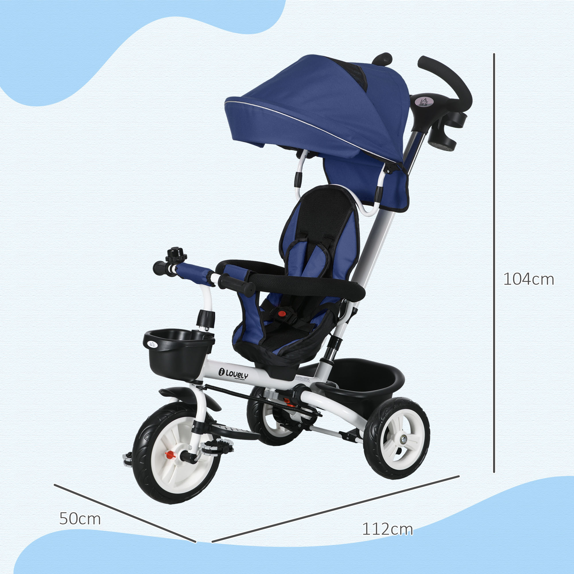 Un triciclo per bambini blu e bianco con cappottina, dimensioni indicate sul lato.