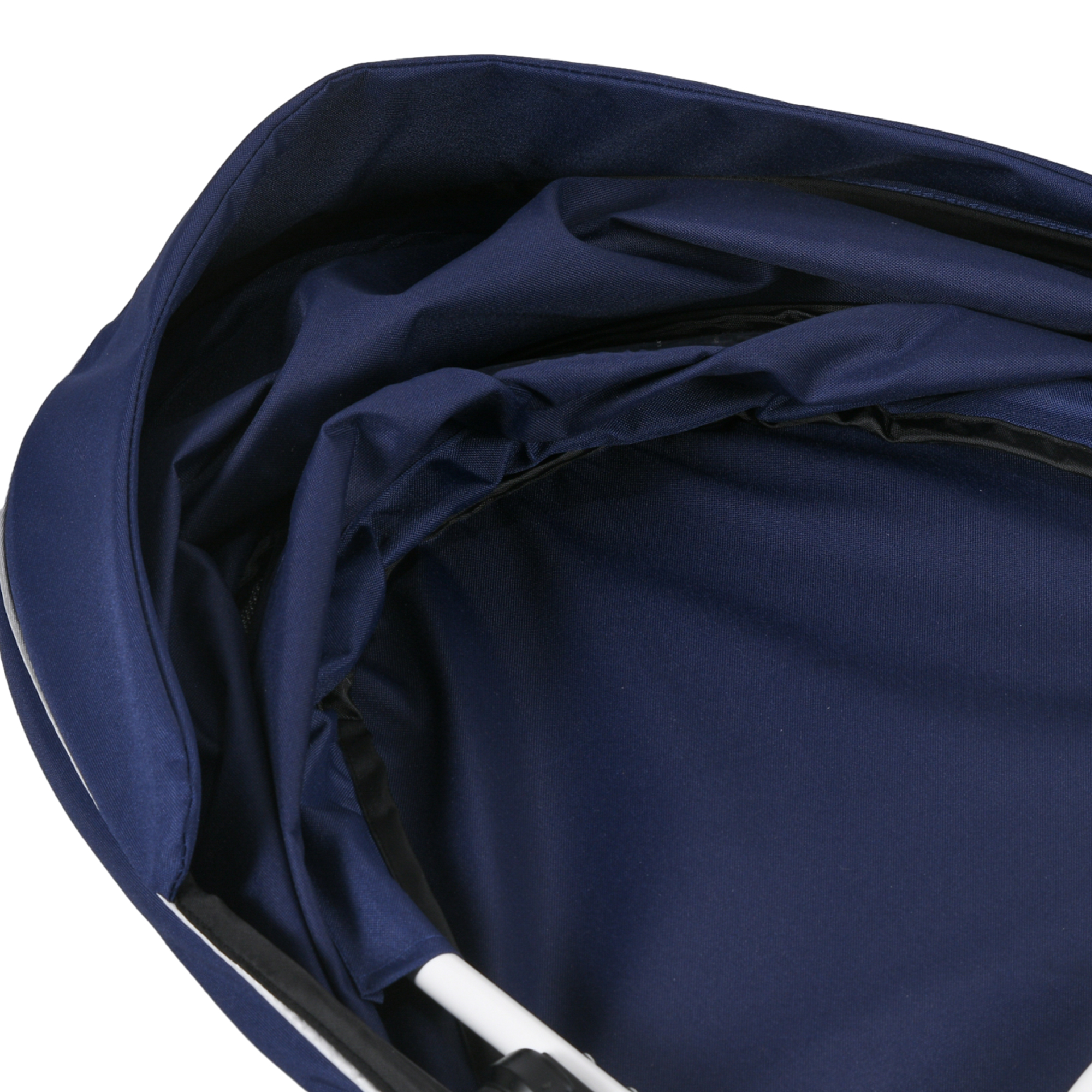 Capottina blu scuro del passeggino, parzialmente aperta, che mostra la struttura interna.
