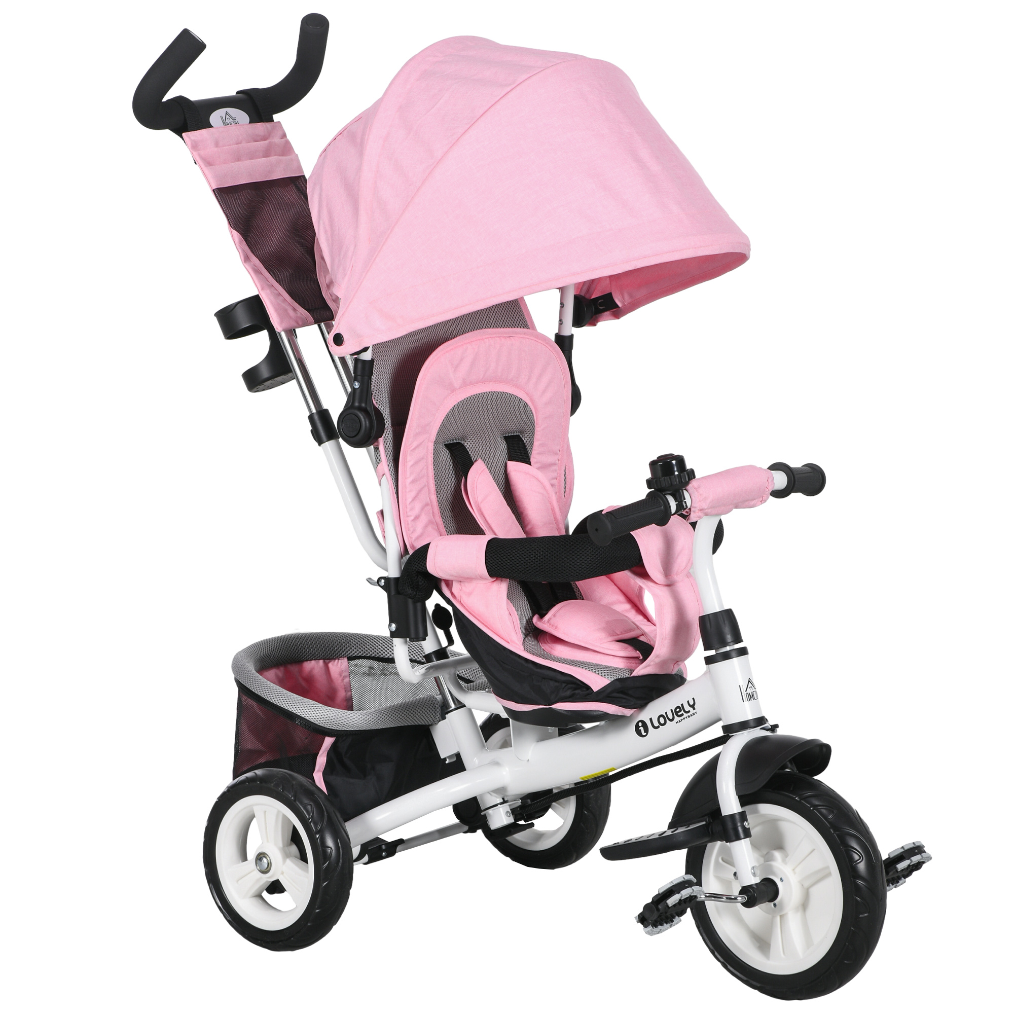 Triciclo rosa con cappottina, cestino e maniglia per i genitori.
