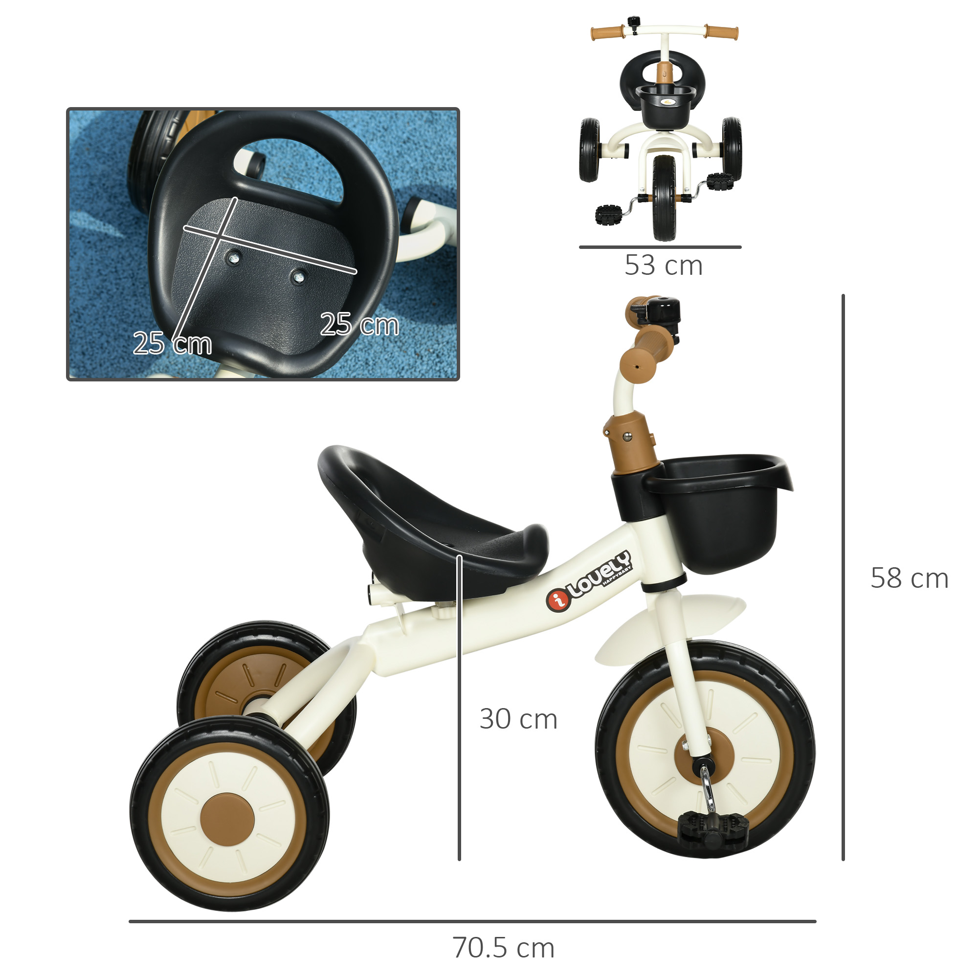 Triciclo bianco e marrone, misure mostrate. Sedile, cestino e manubrio neri.
