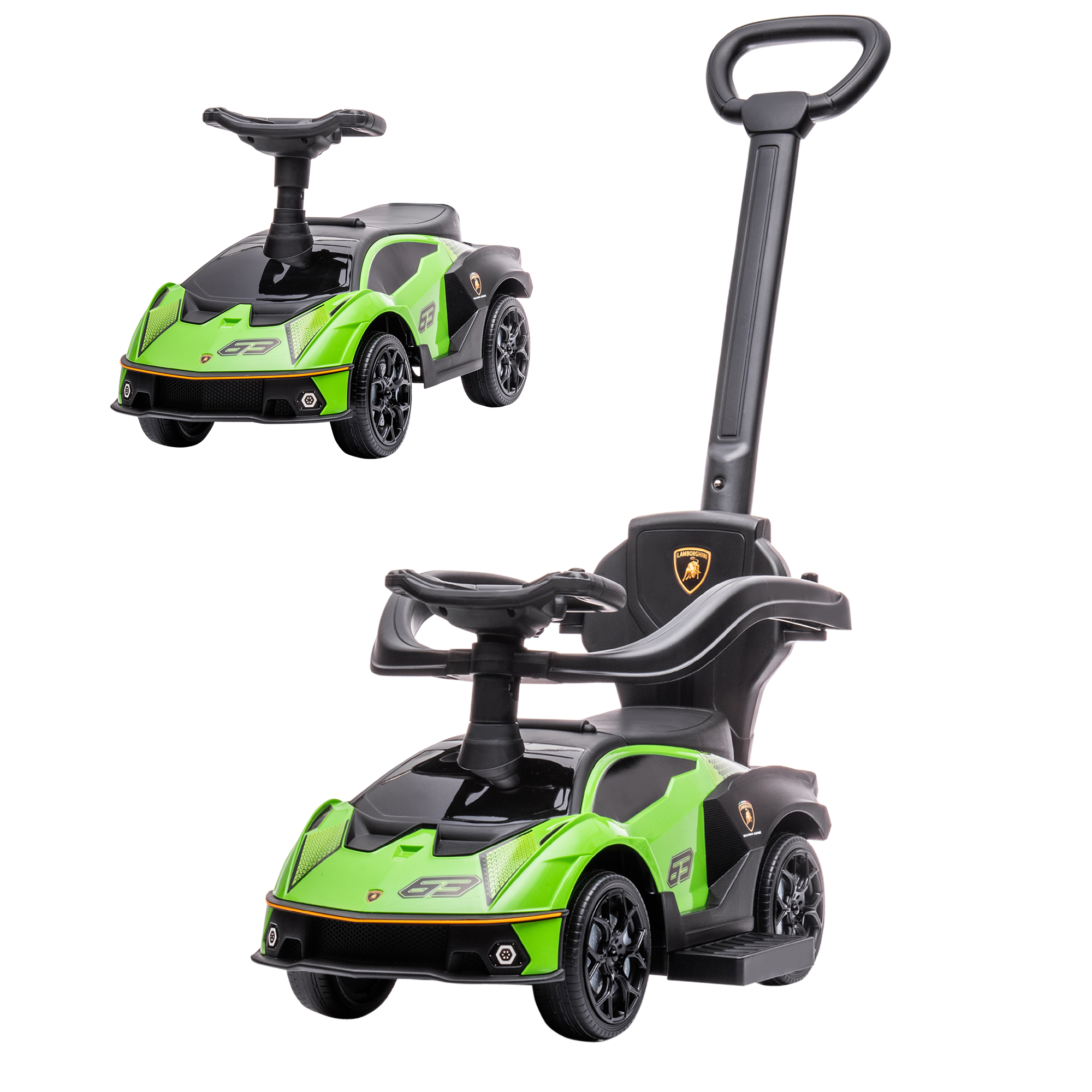 Auto giocattolo verde e nero con maniglia, due auto mostrate, una con maniglia.